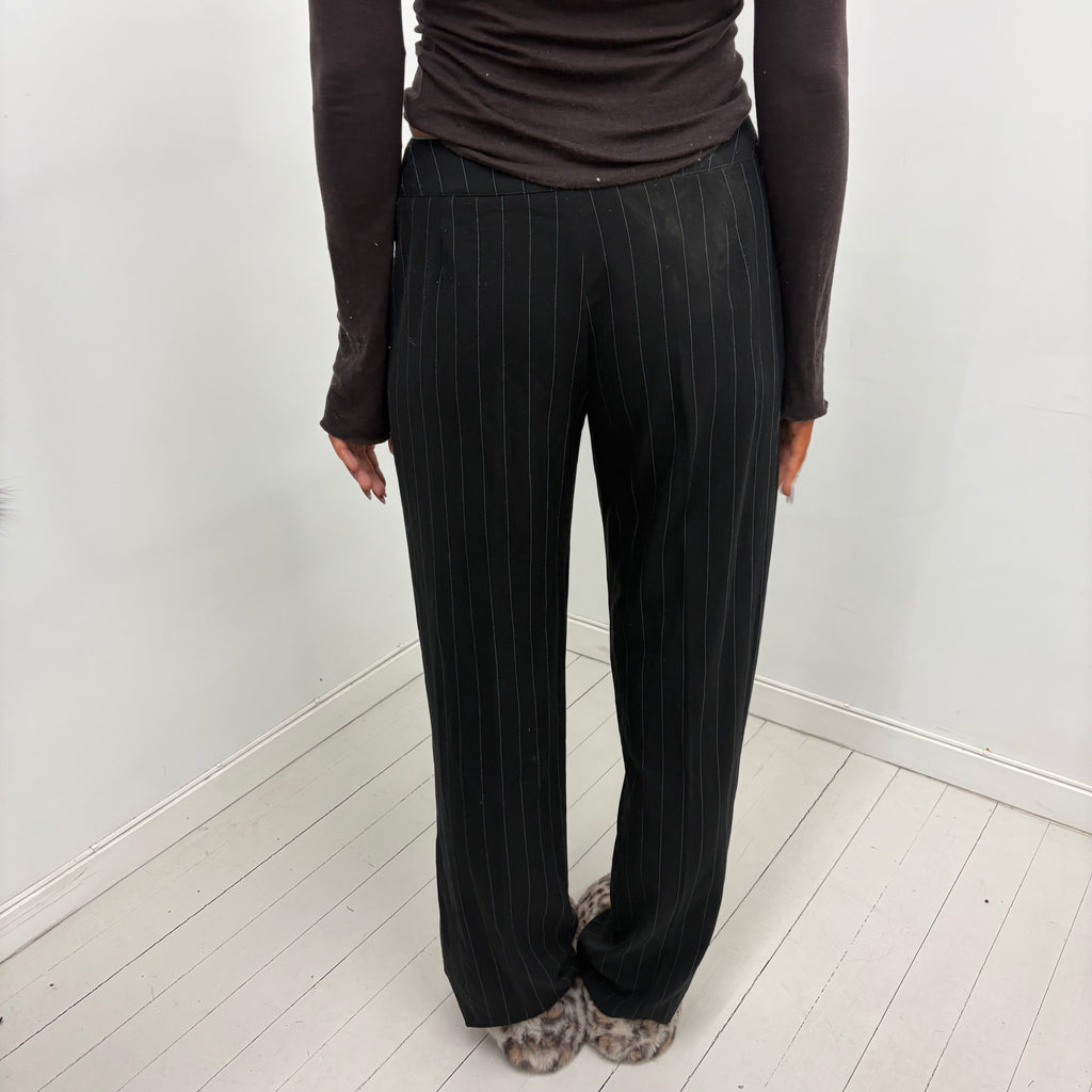 Black Pinstripe Pants with Mint Button