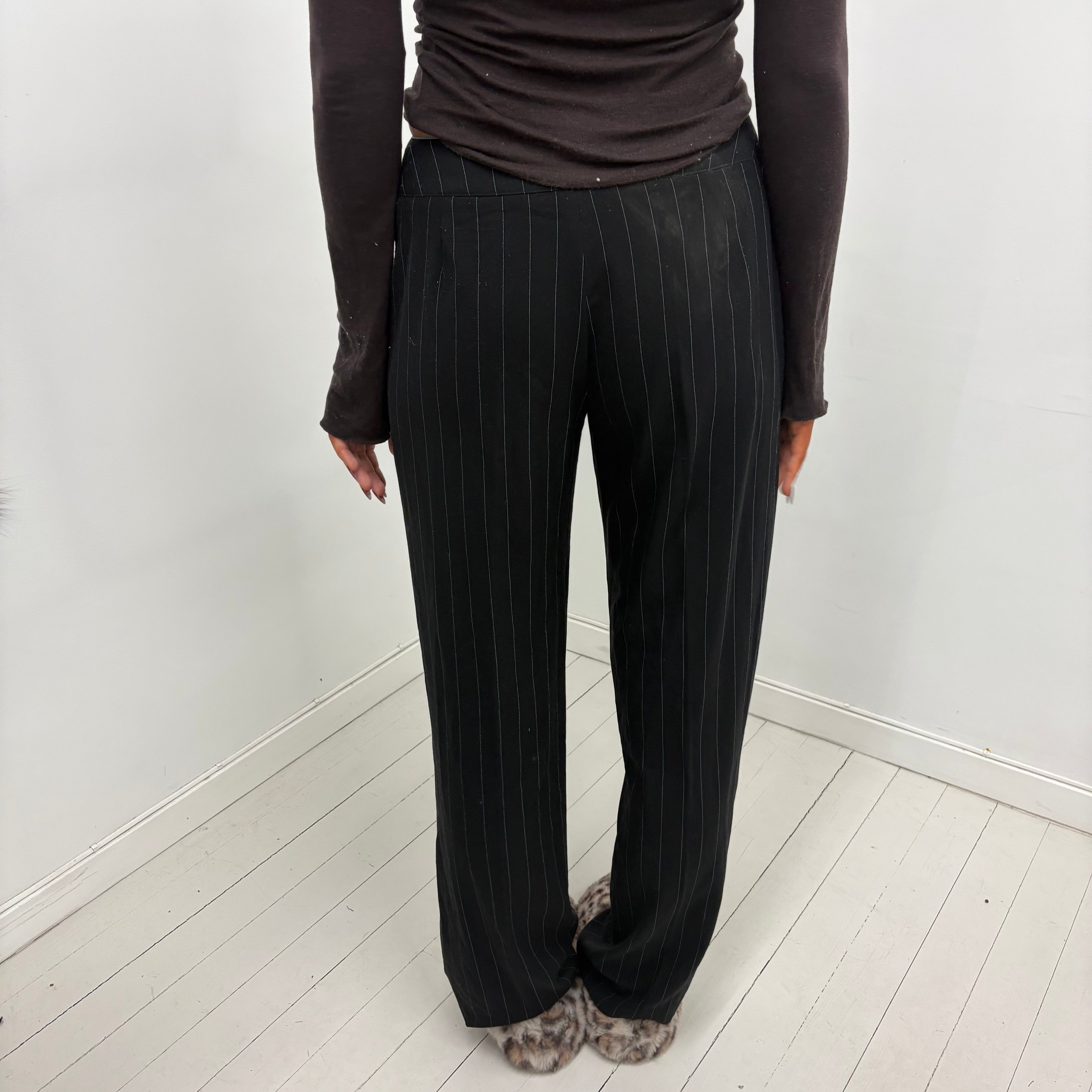 Black Pinstripe Pants with Mint Button
