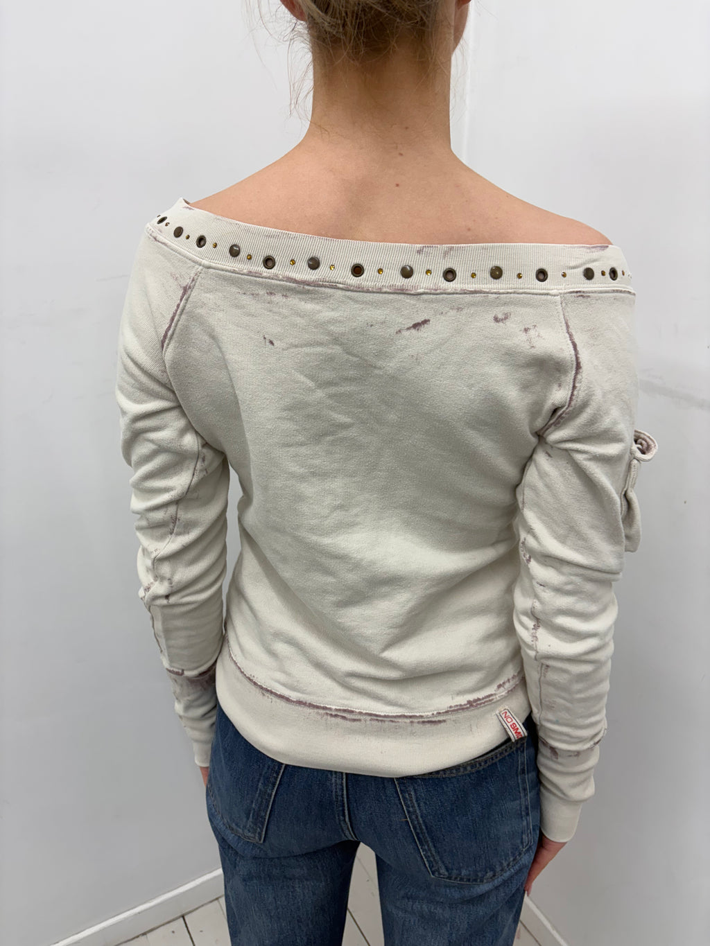 Y2K Cream Studded Distressed Off-Shoulder Top