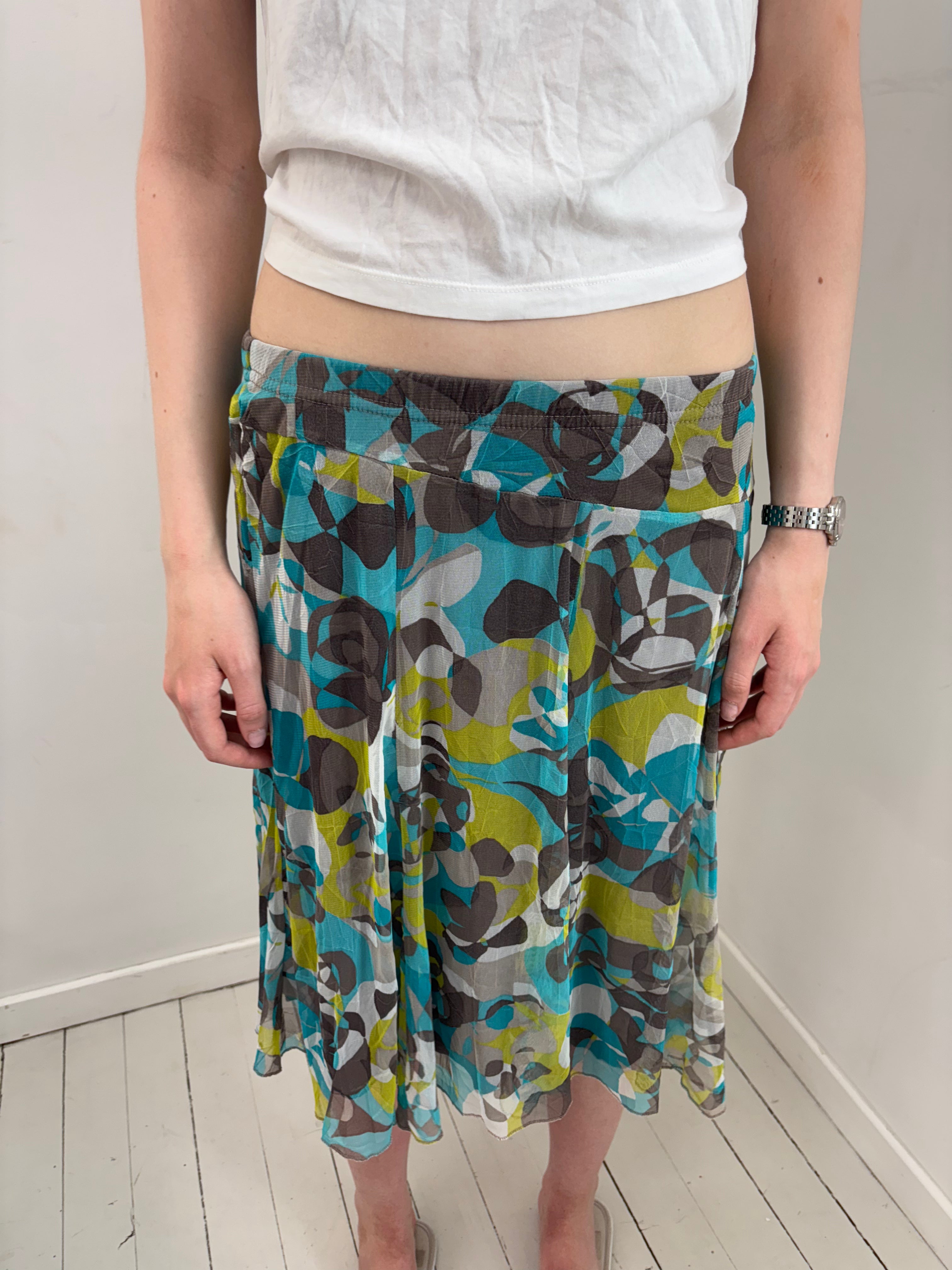 Turquoise Abstract Print Mesh Midi Skirt