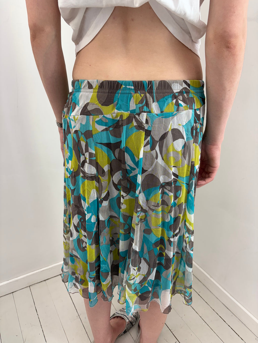 Turquoise Abstract Print Mesh Midi Skirt