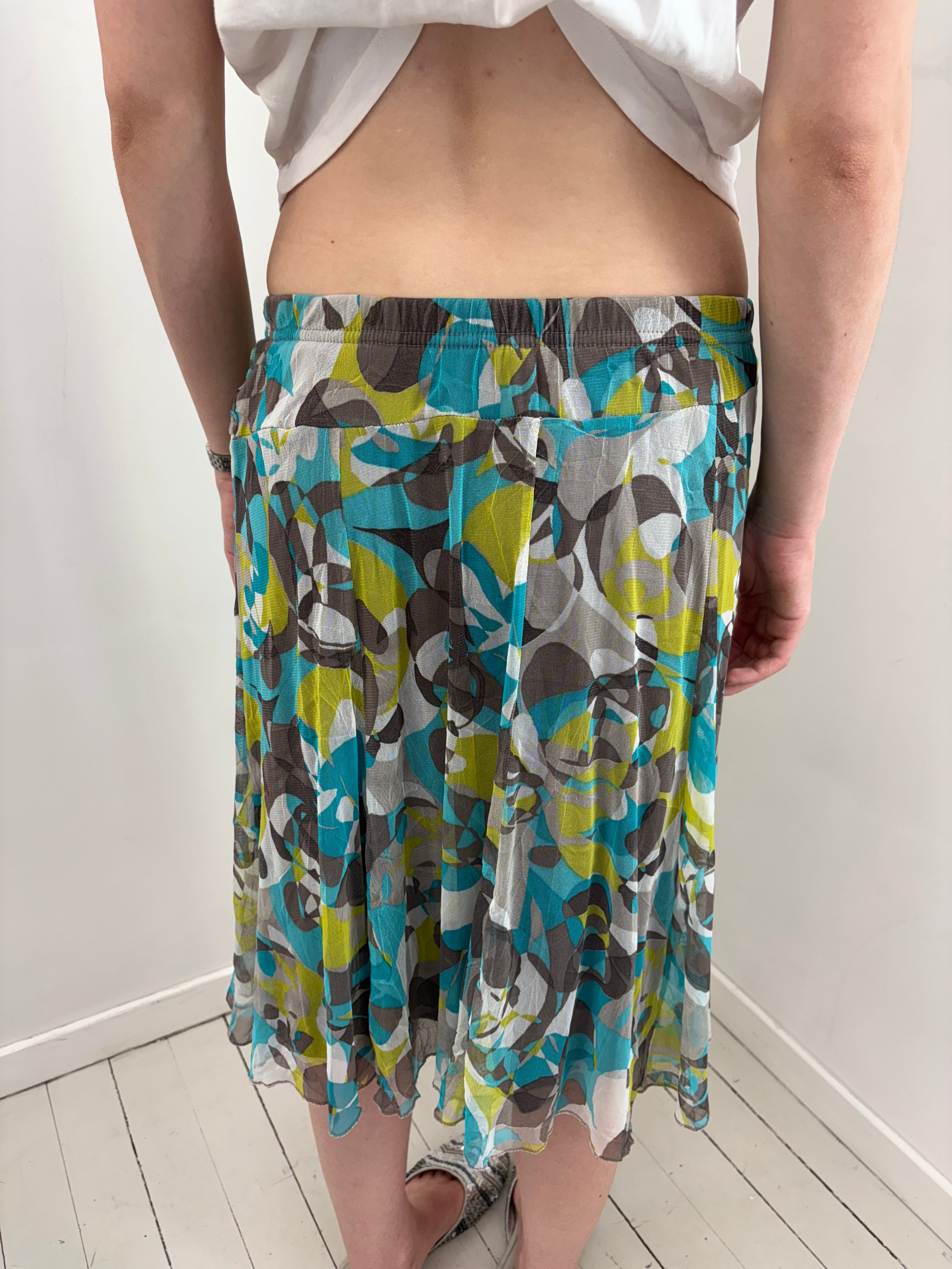 Turquoise Abstract Print Mesh Midi Skirt