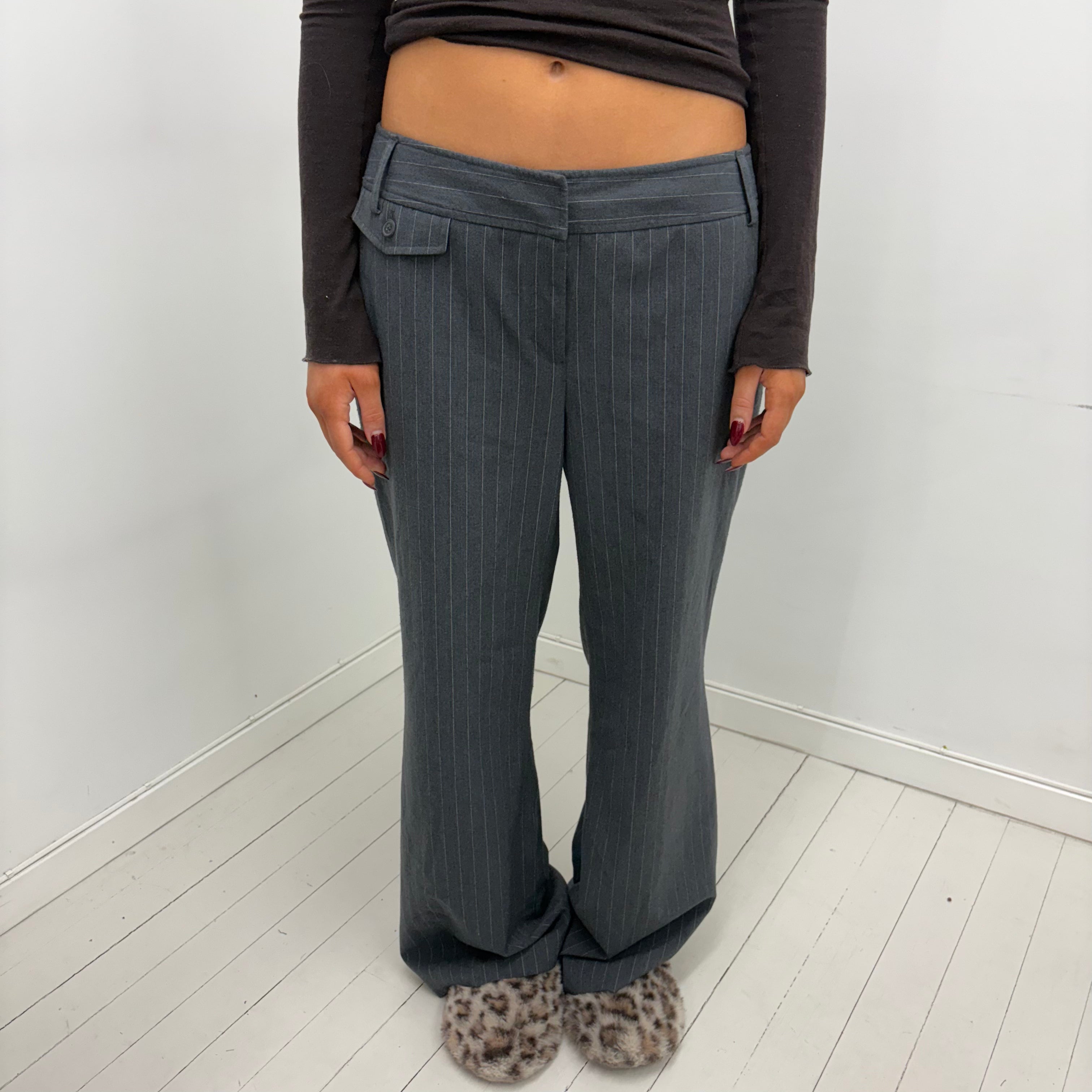 Grey Pinstripe Low-Rise Pants