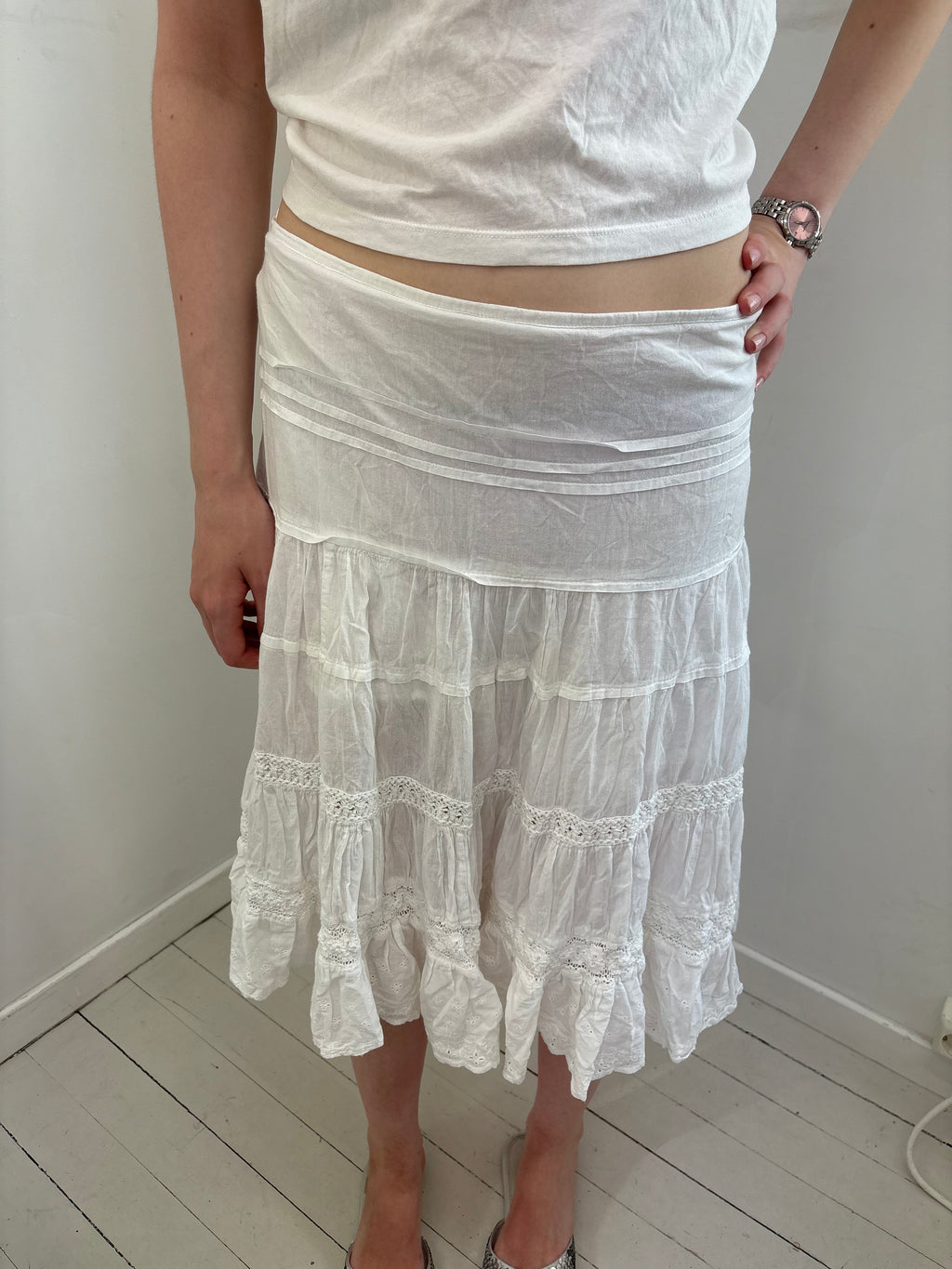 White Boho Tiered Lace Midi Skirt