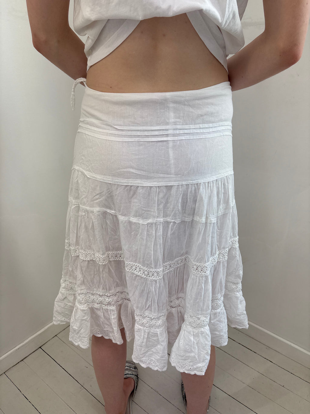 White Boho Tiered Lace Midi Skirt