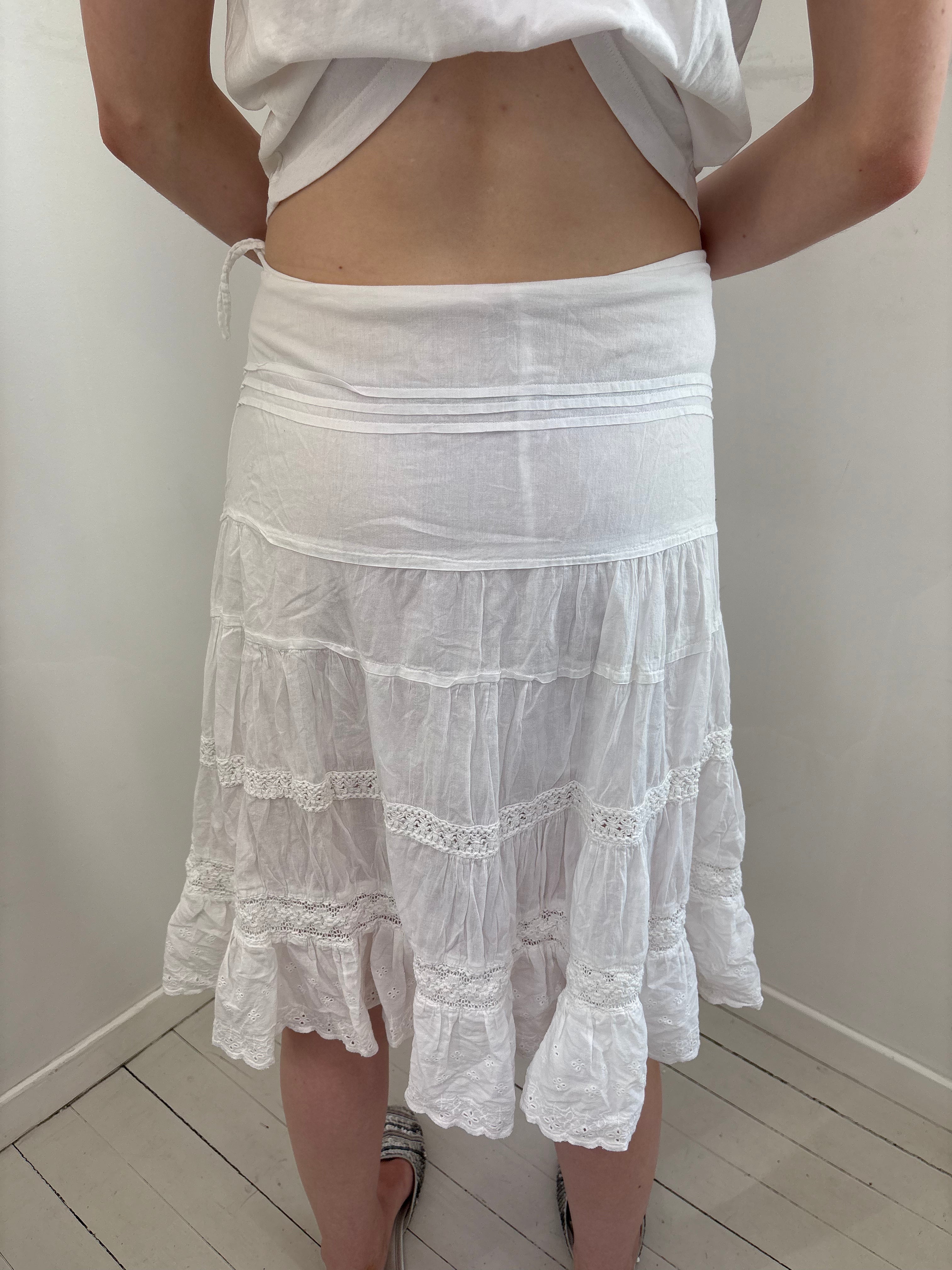 White Boho Tiered Lace Midi Skirt