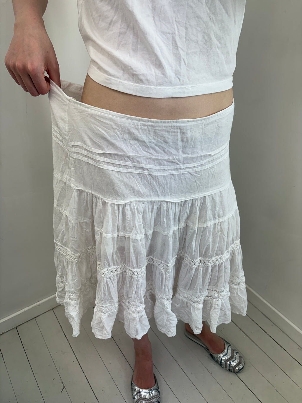 White Boho Tiered Lace Midi Skirt