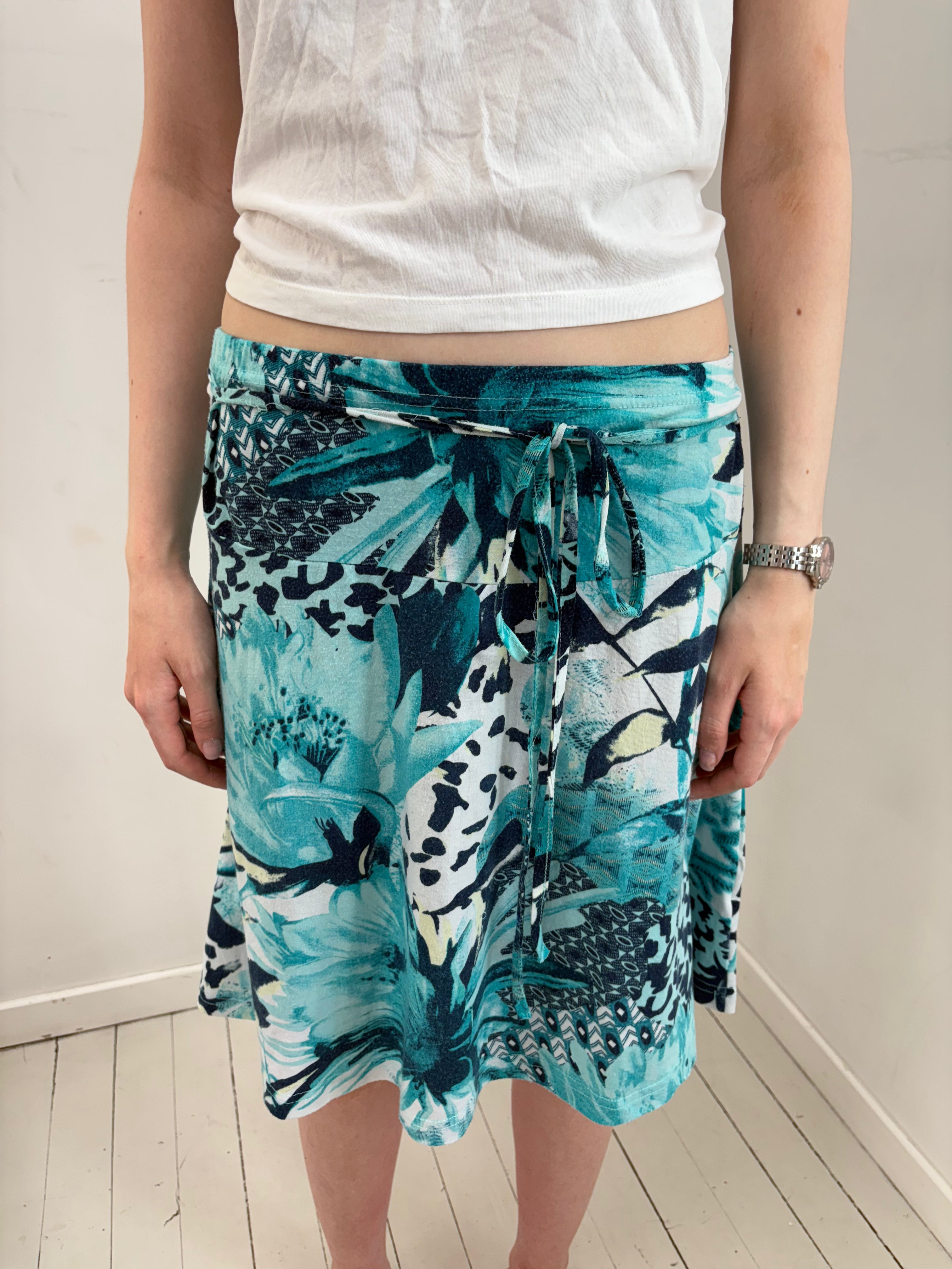 Turquoise Tropical Print Tie-Waist Midi Skirt