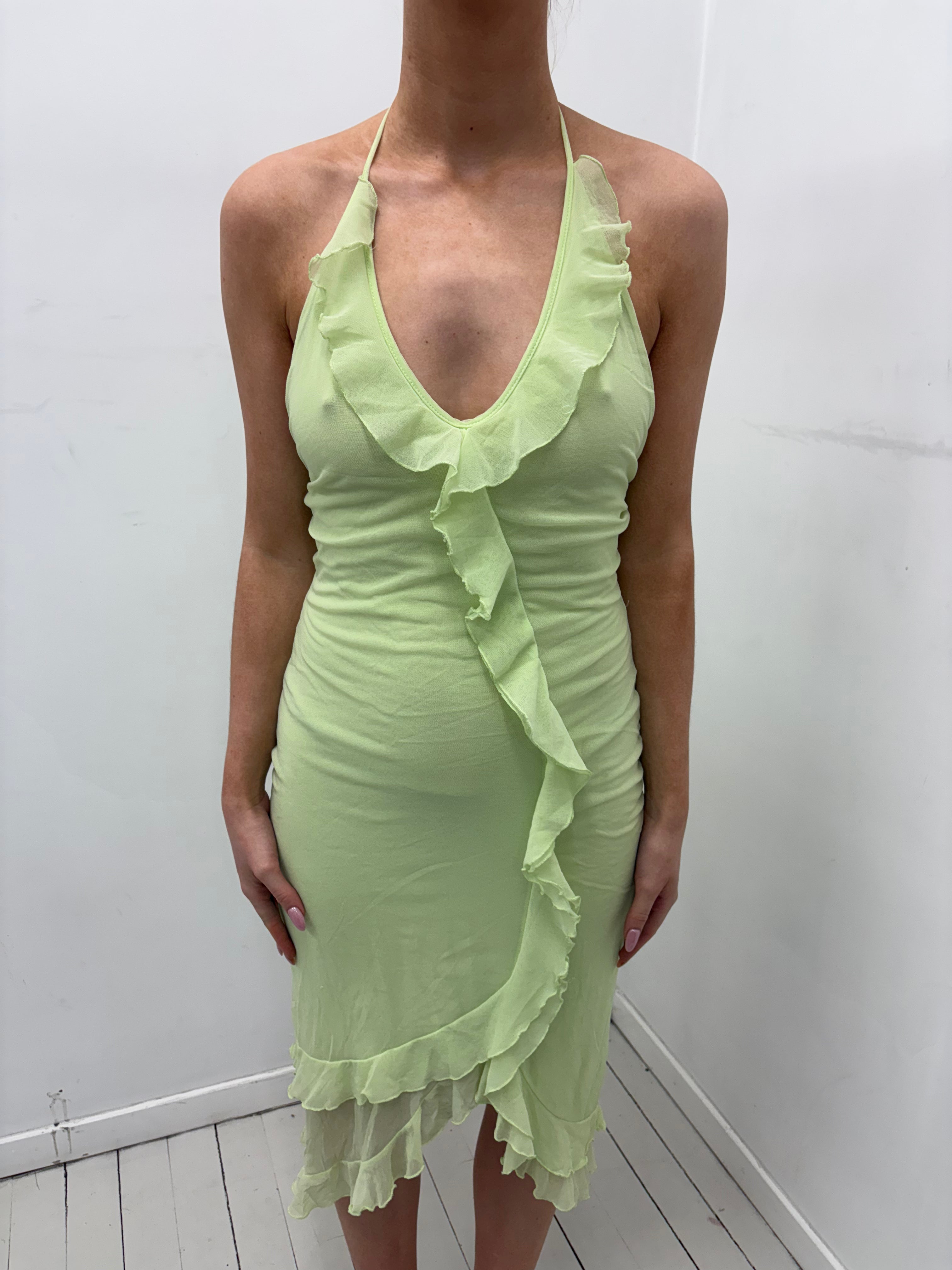 Y2K Lime Green Halter Ruffle Dress