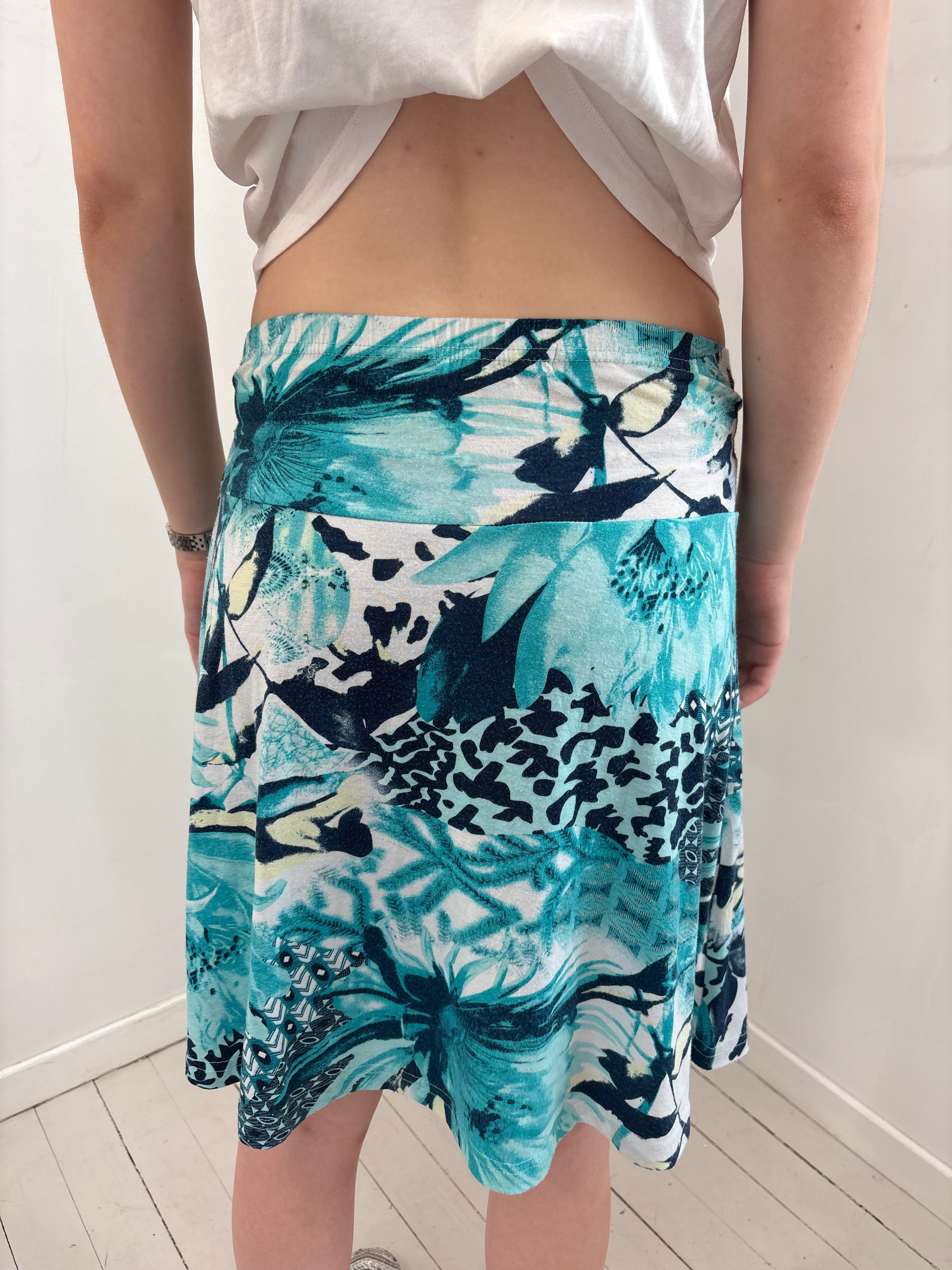Turquoise Tropical Print Tie-Waist Midi Skirt