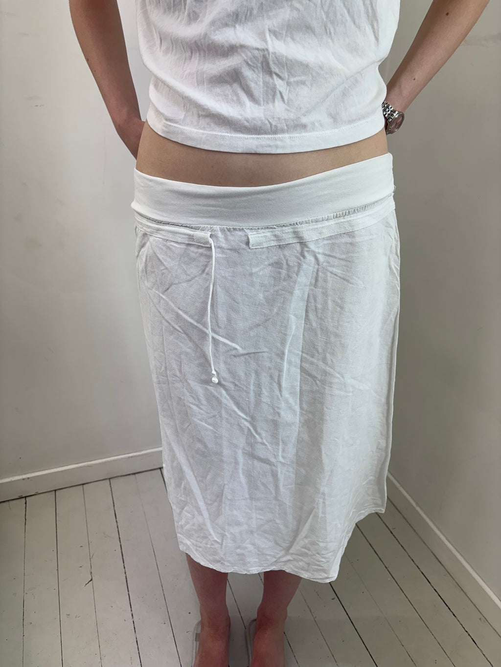 White Linen-Blend Foldover Maxi Skirt
