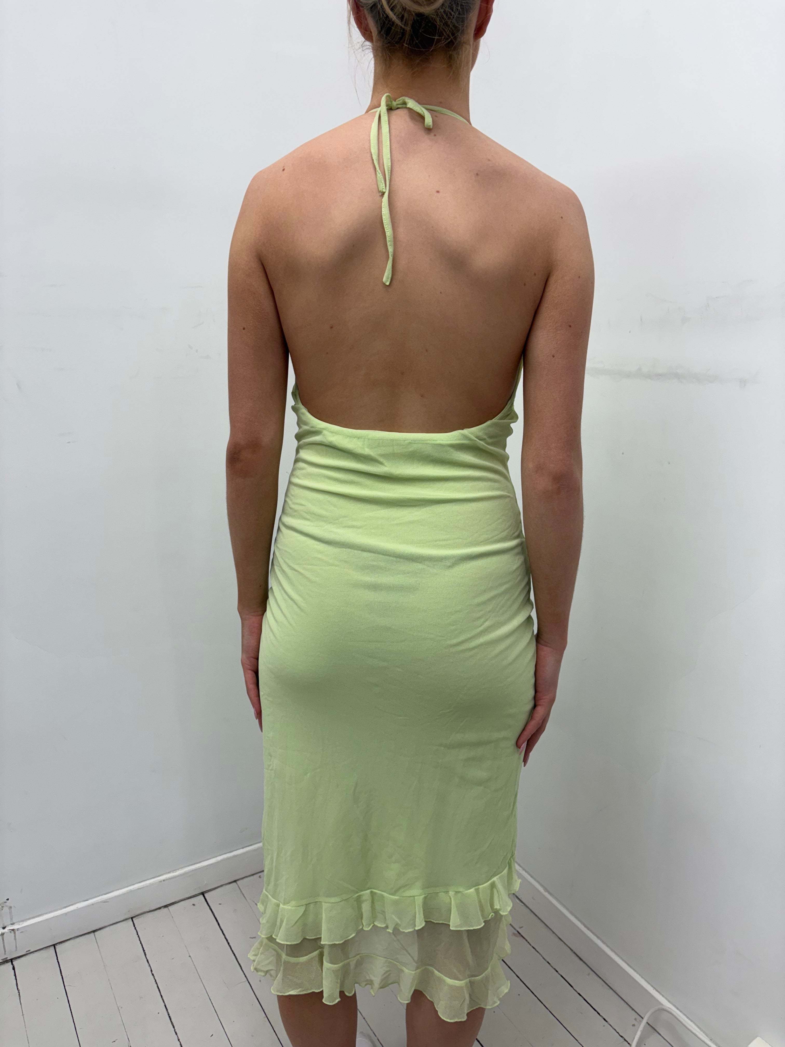 Y2K Lime Green Halter Ruffle Dress