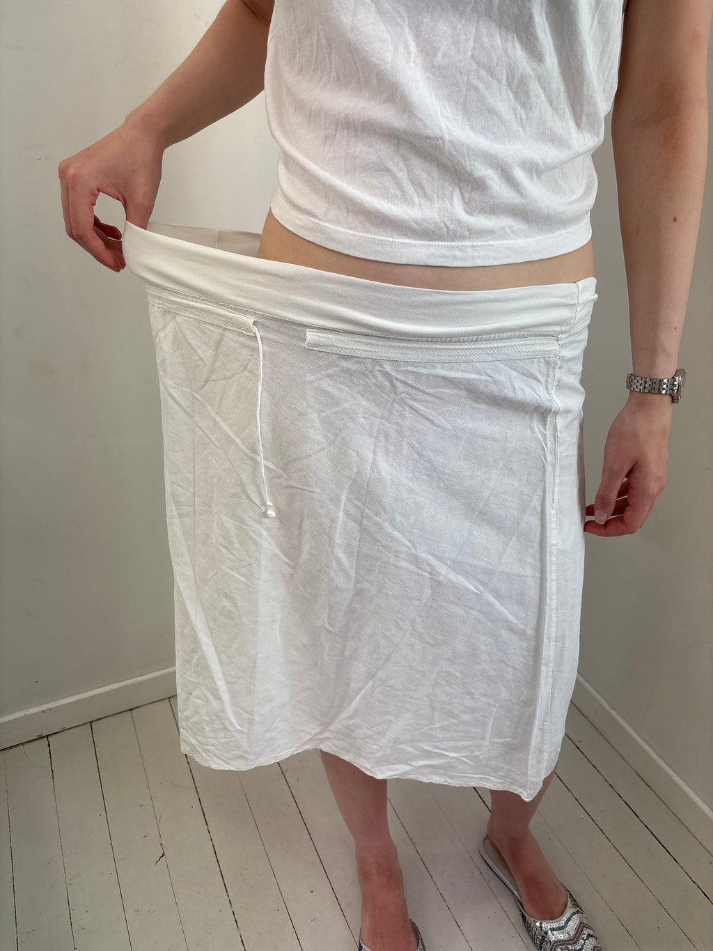 White Linen-Blend Foldover Maxi Skirt