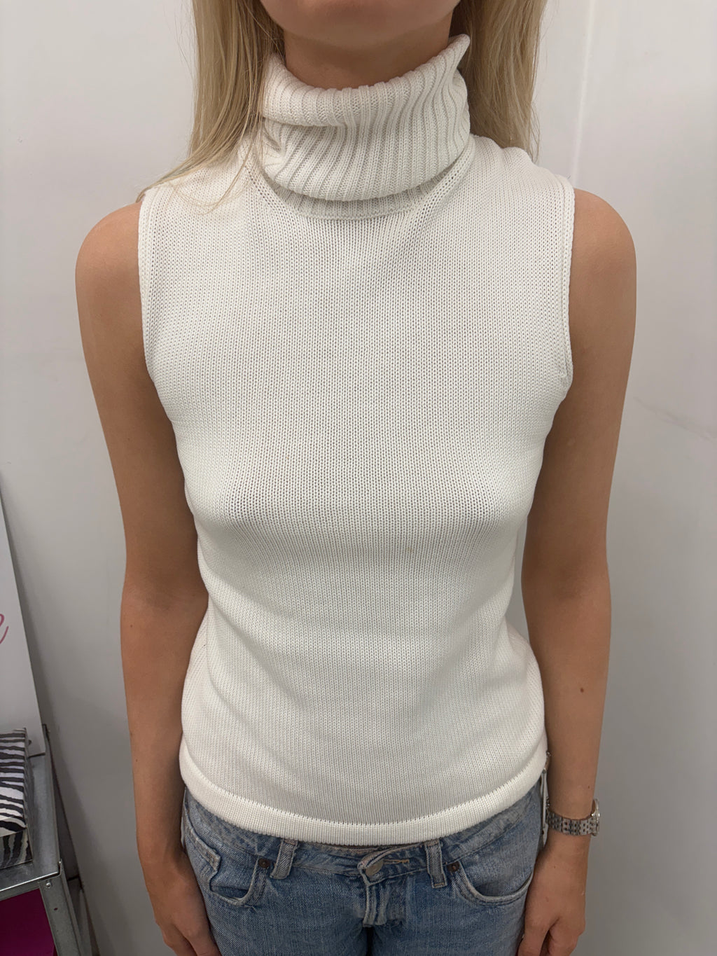 Y2K White Ribbed Turtleneck Vest w/ Blue Straps