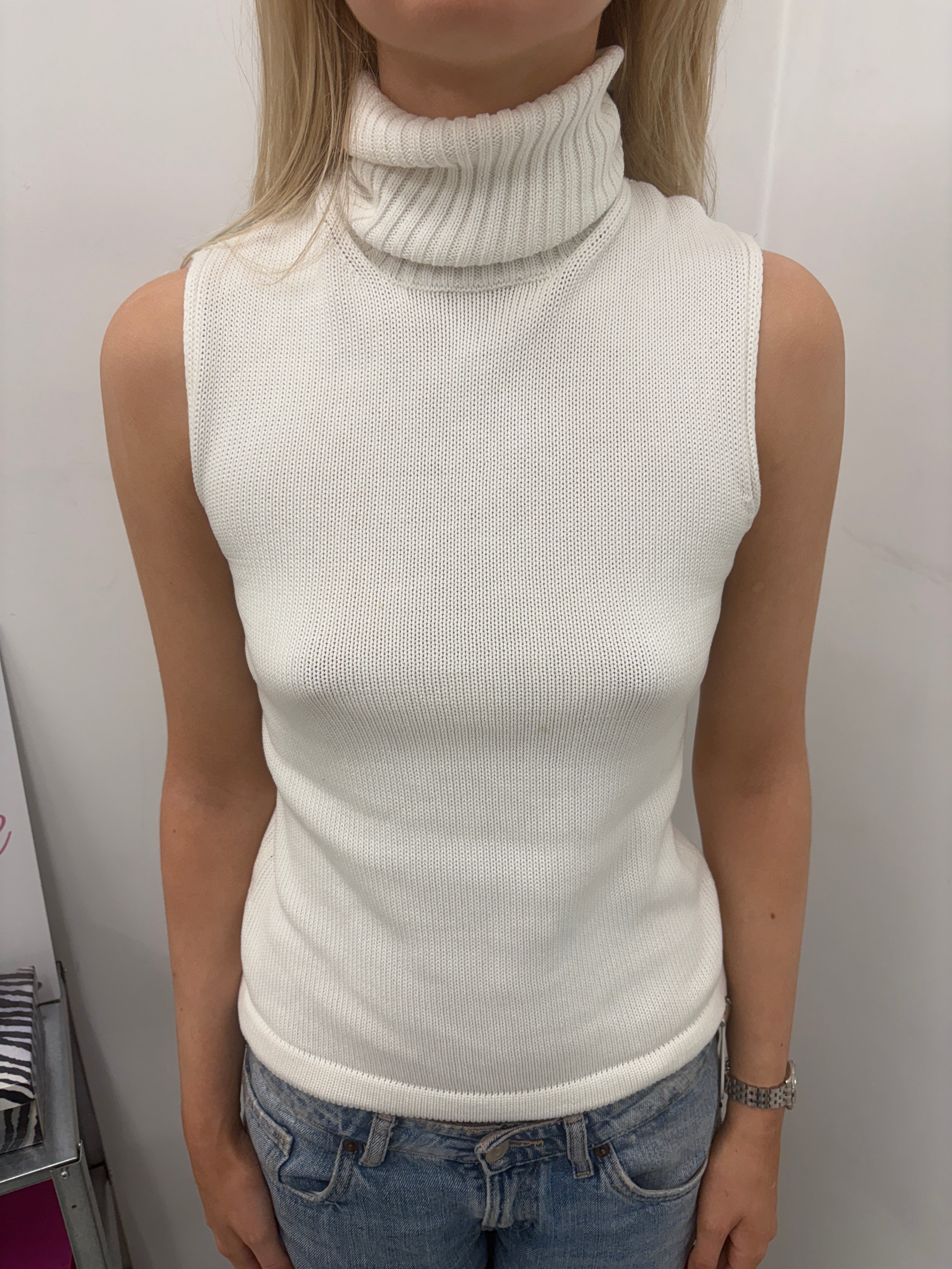 Y2K White Ribbed Turtleneck Vest w/ Blue Straps