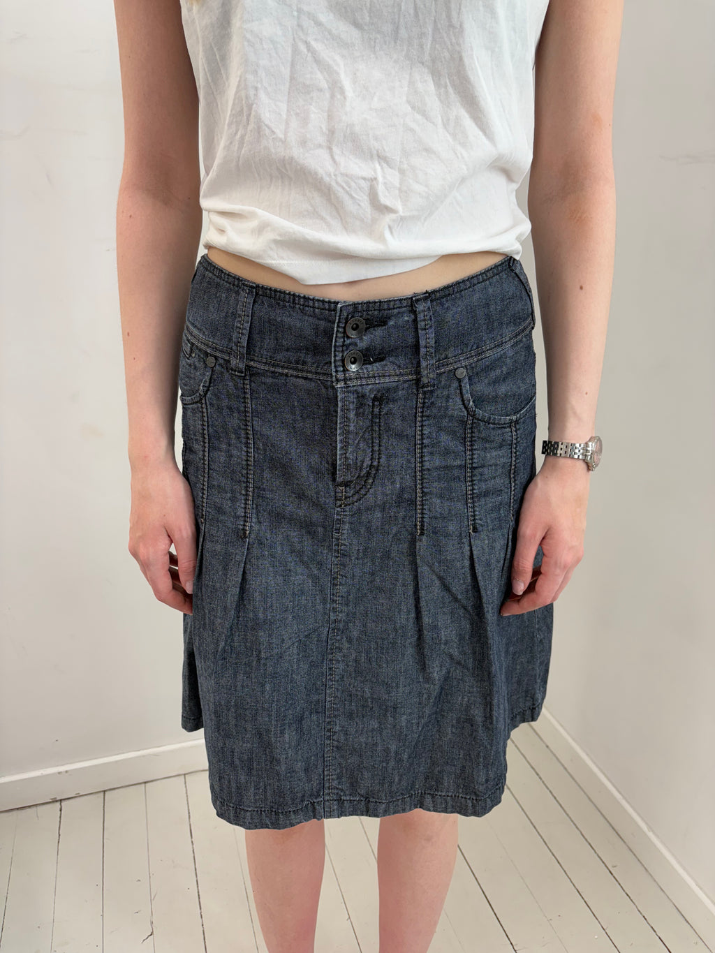 Dark Wash Denim A-Line Midi Skirt