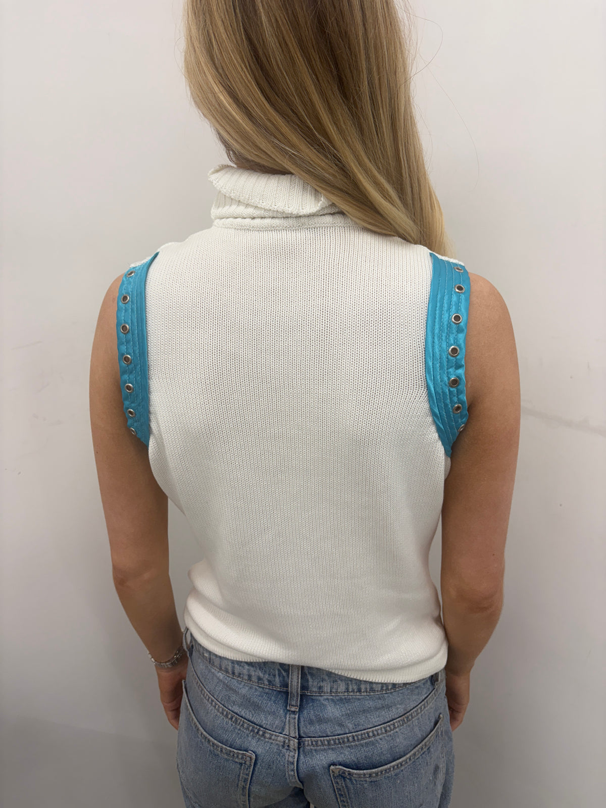 Y2K White Ribbed Turtleneck Vest w/ Blue Straps