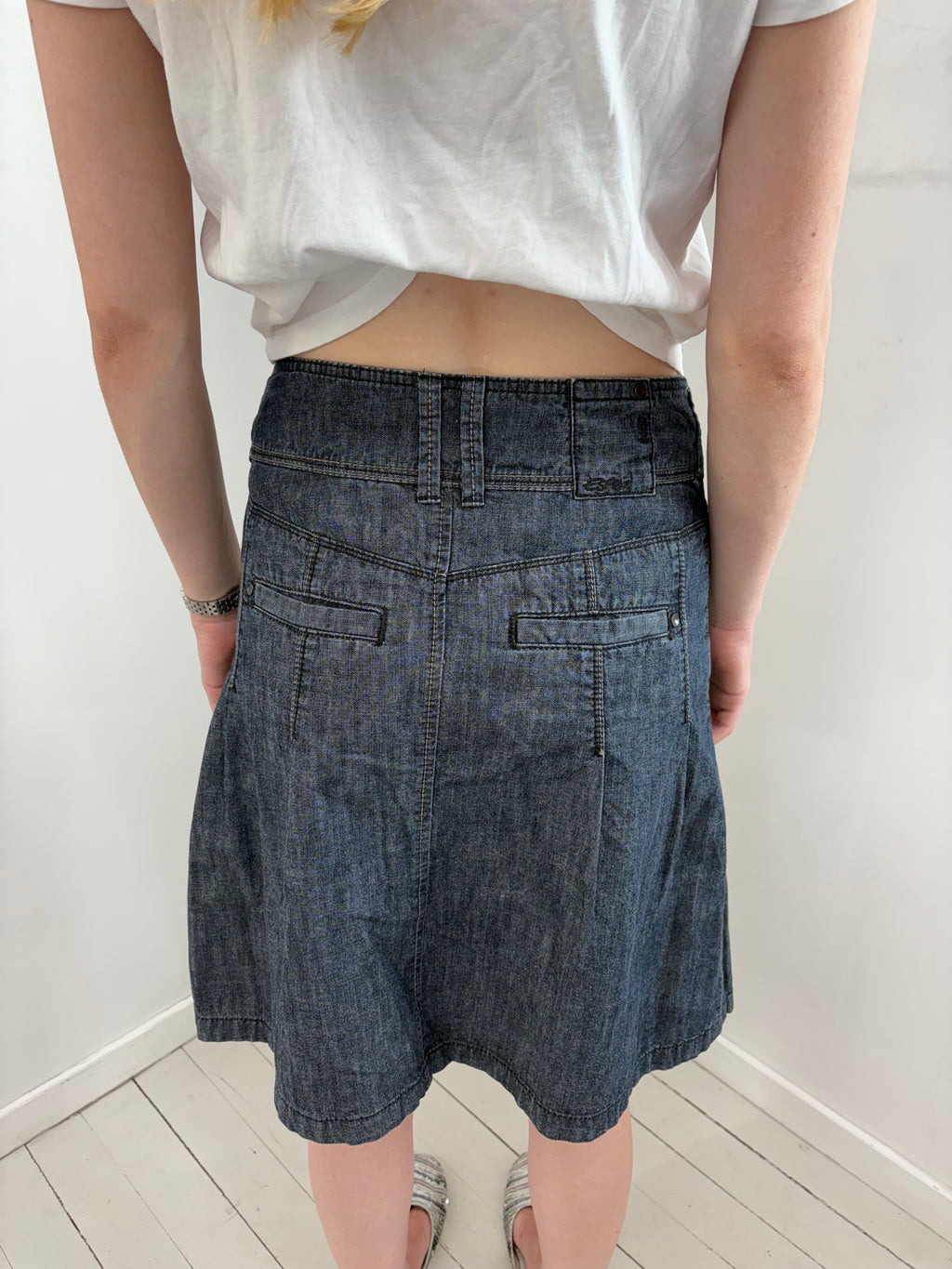 Dark Wash Denim A-Line Midi Skirt