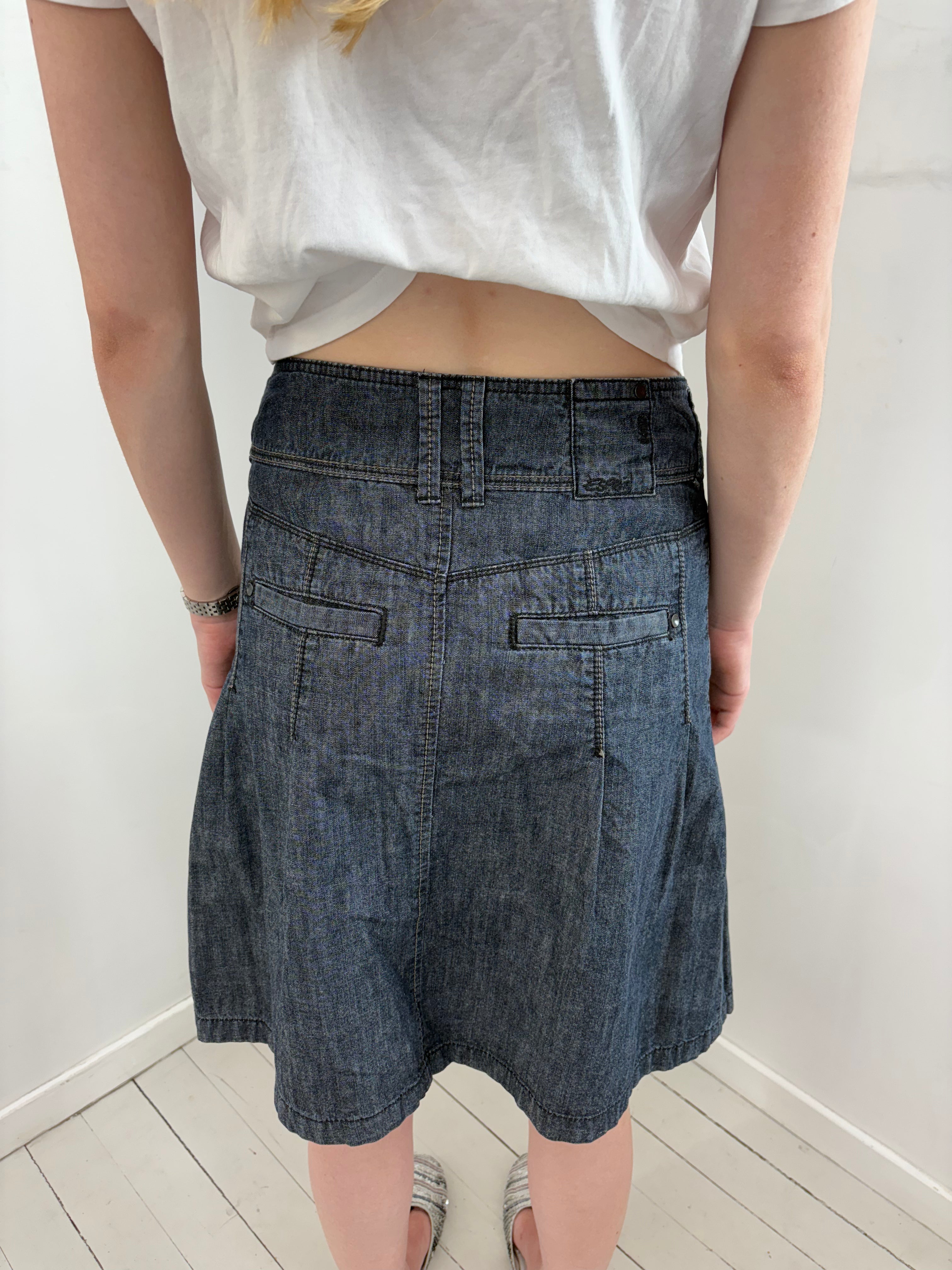 Dark Wash Denim A-Line Midi Skirt