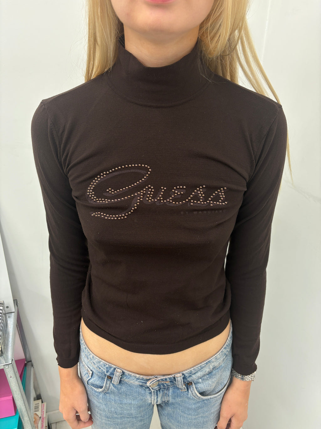 Guess by Marciano Brown Rhinestone Logo Long Sleeve Top