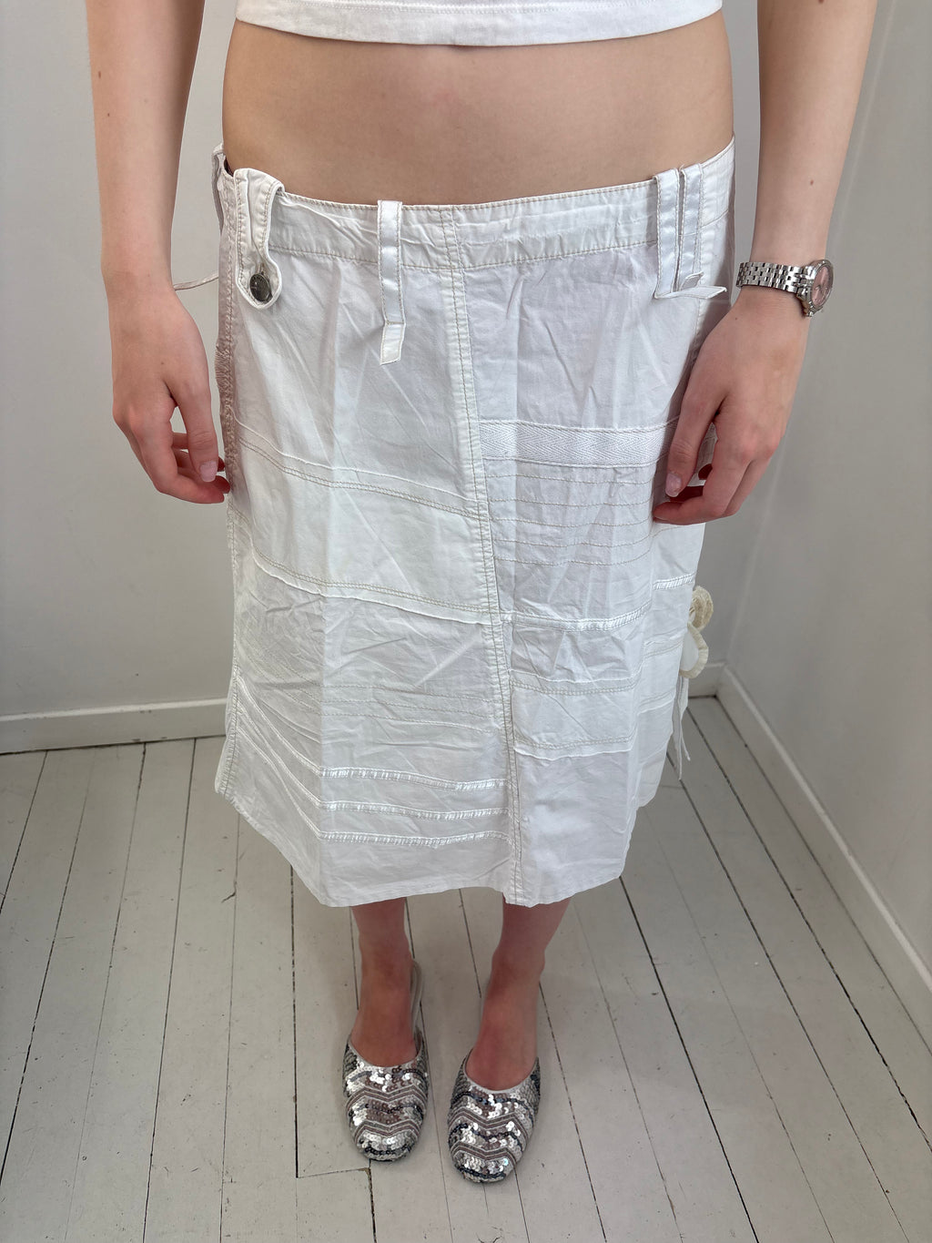 White Structured Patchwork Midi Skirt