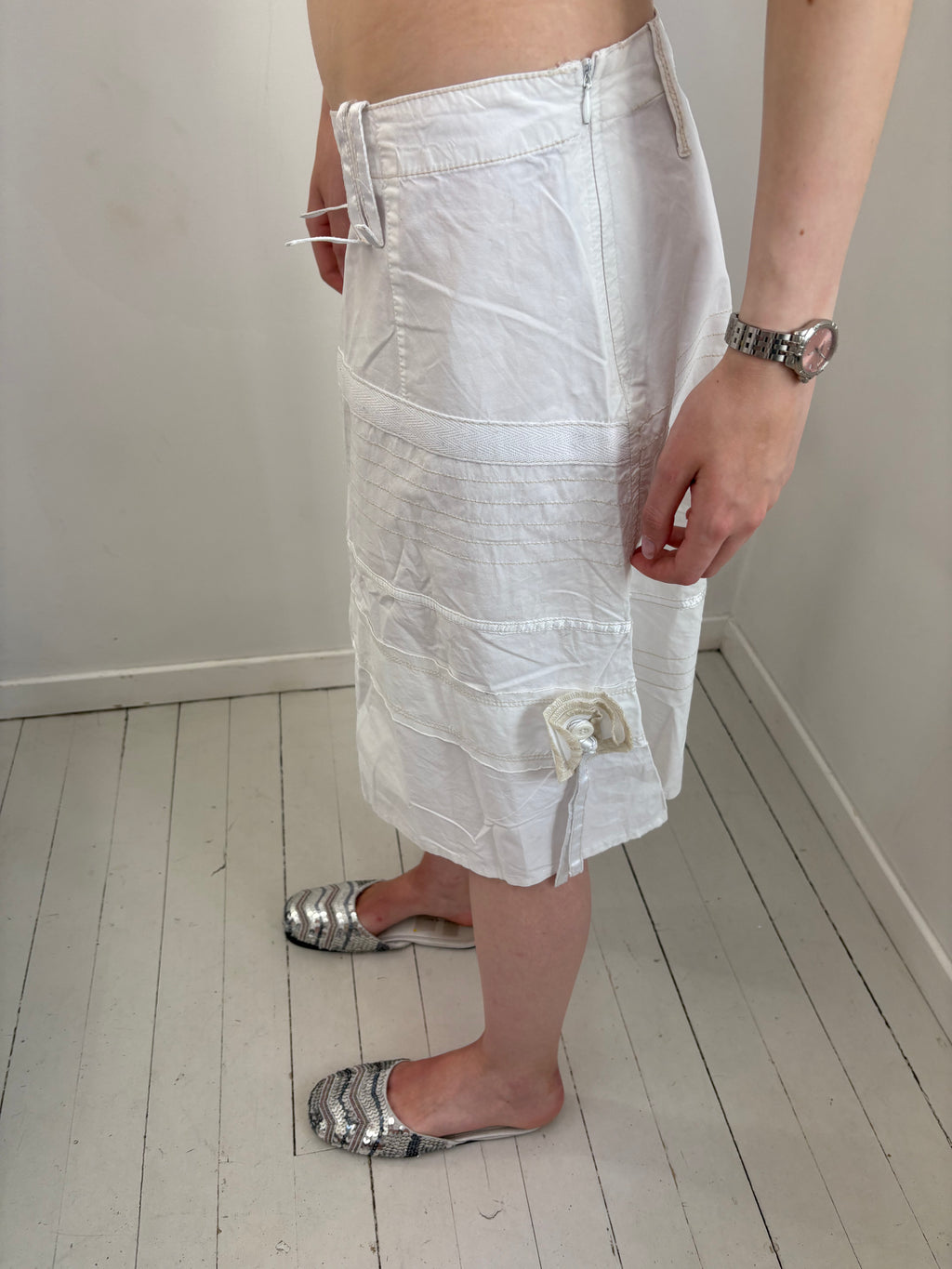 White Structured Patchwork Midi Skirt
