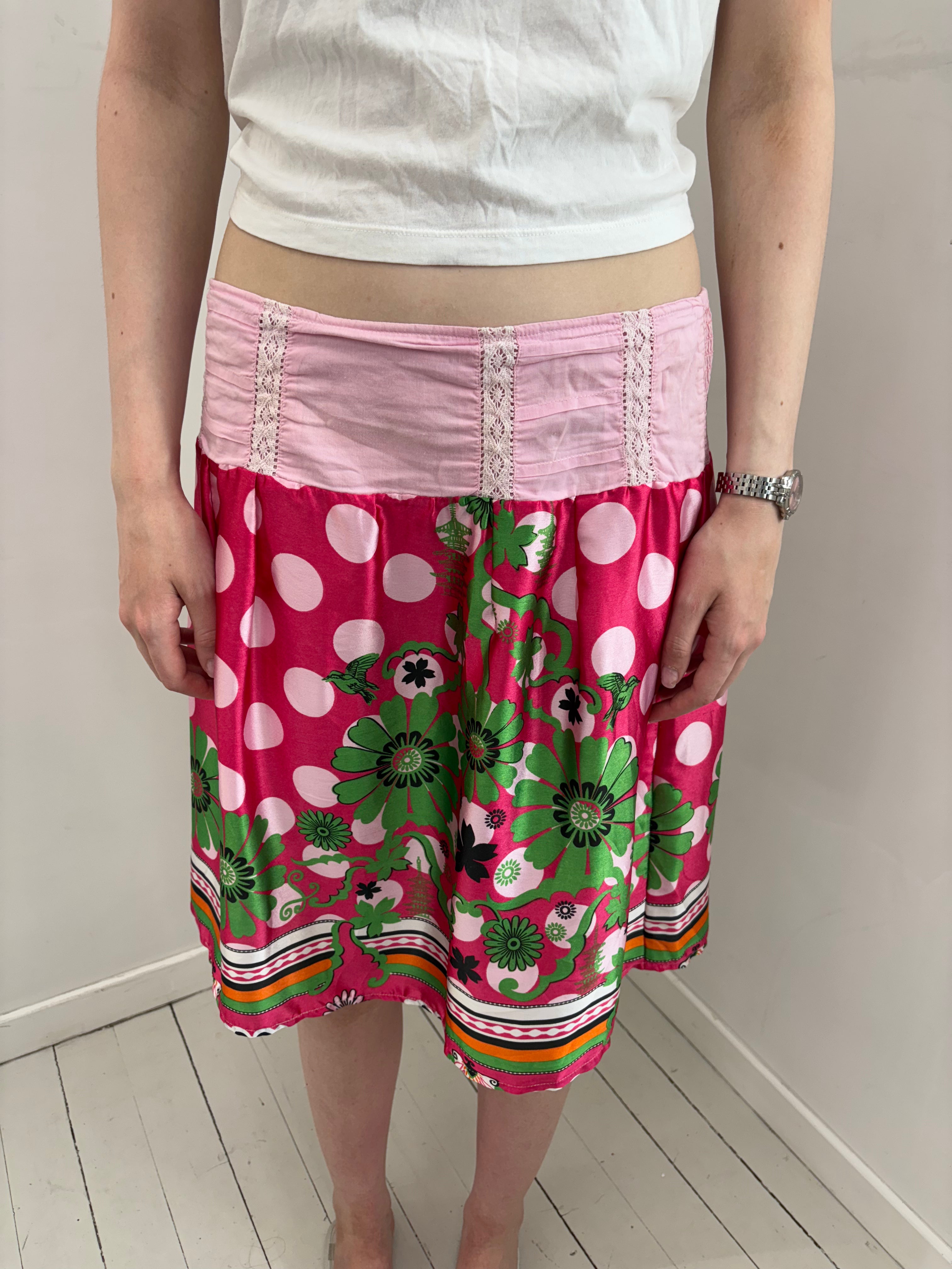 Pink Polka Dot Floral Midi Skirt
