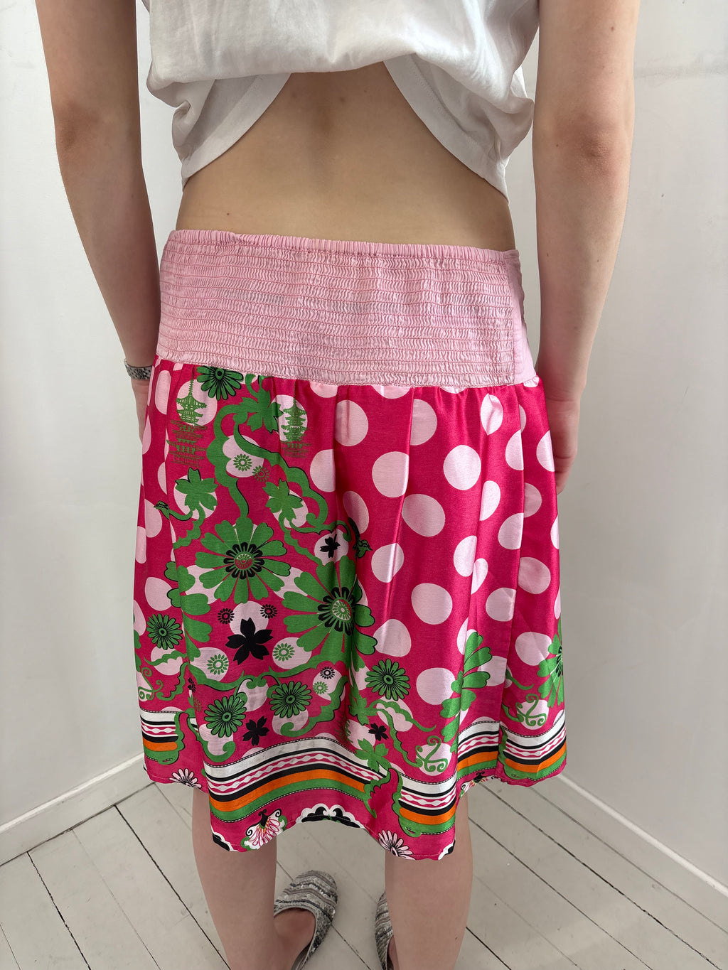 Pink Polka Dot Floral Midi Skirt