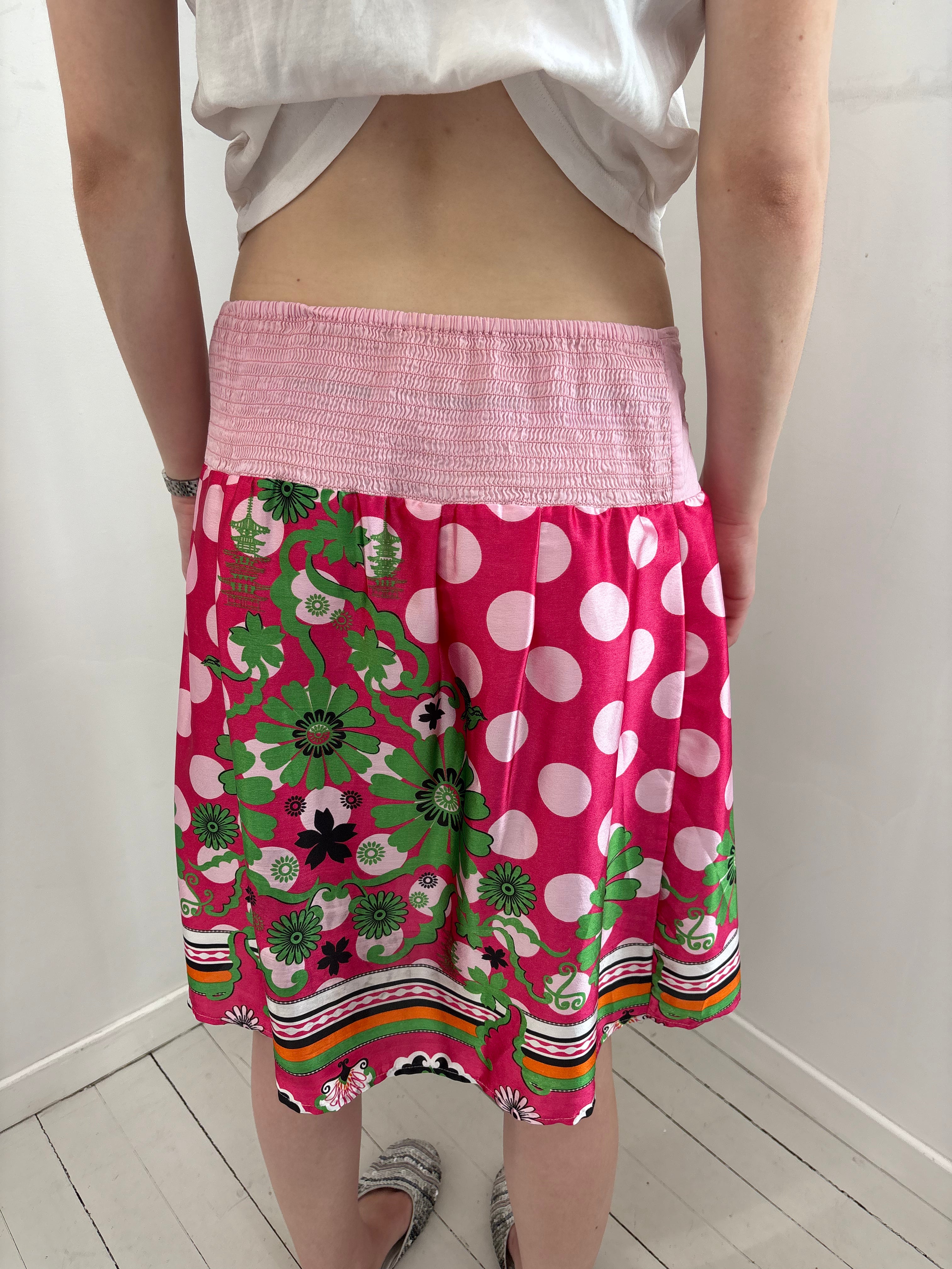 Pink Polka Dot Floral Midi Skirt