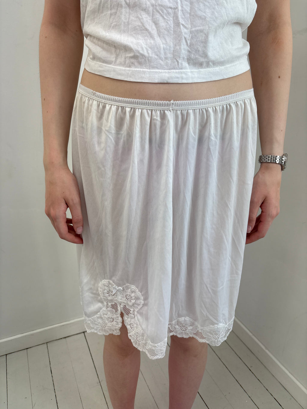 White Satin Lace-Trim Slip Skirt