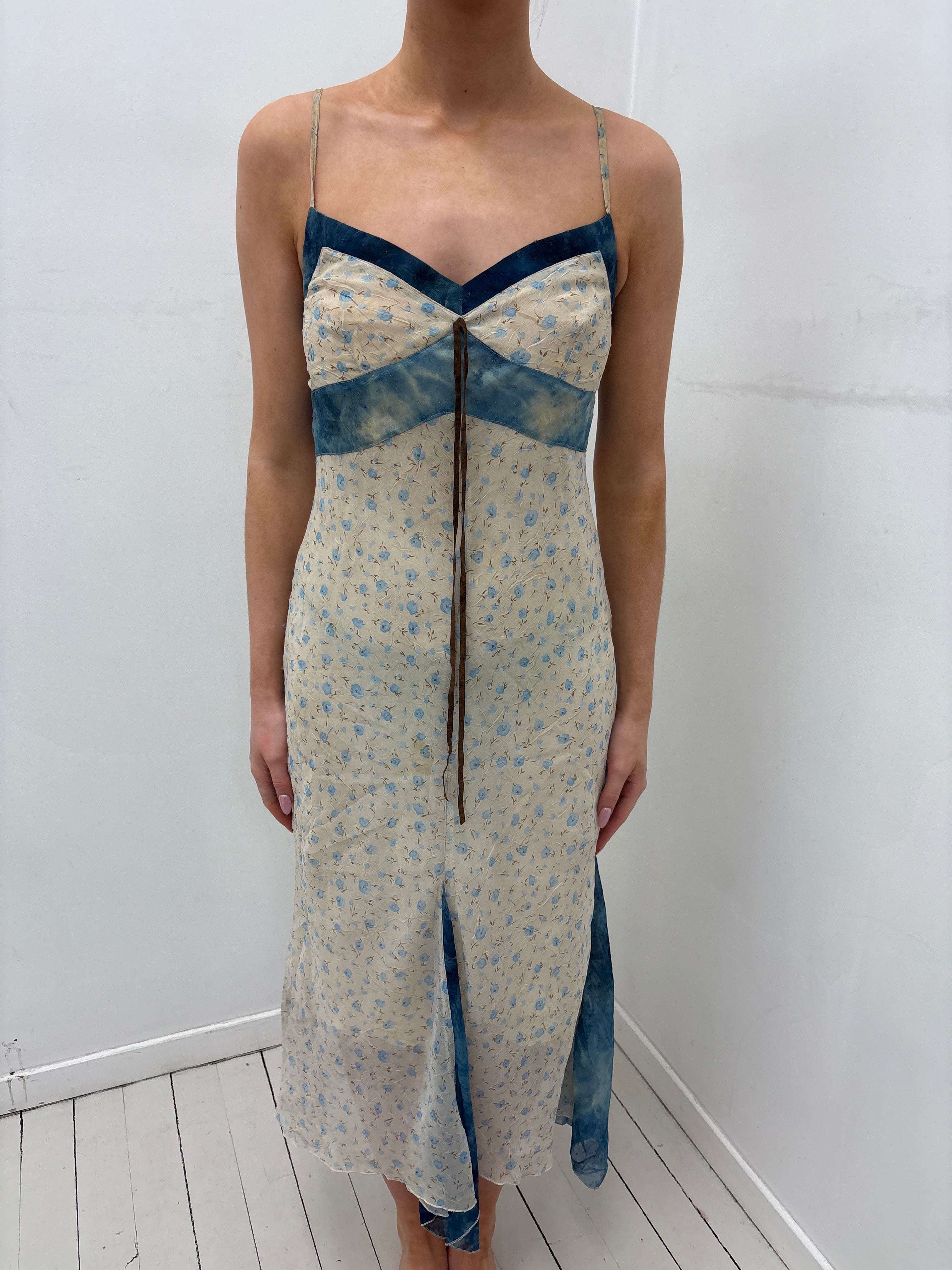 Y2K Blue Floral Midi Dress with Sheer Panel Details