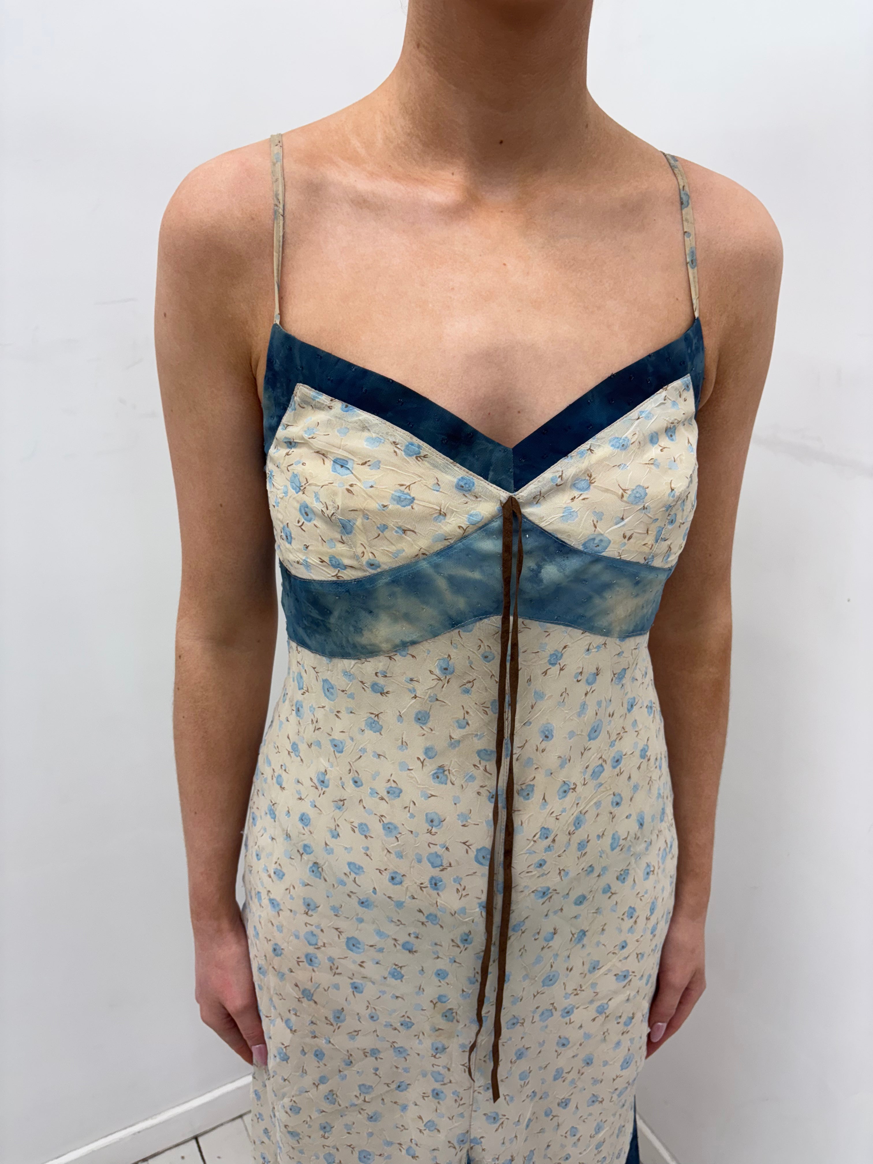 Y2K Blue Floral Midi Dress with Sheer Panel Details