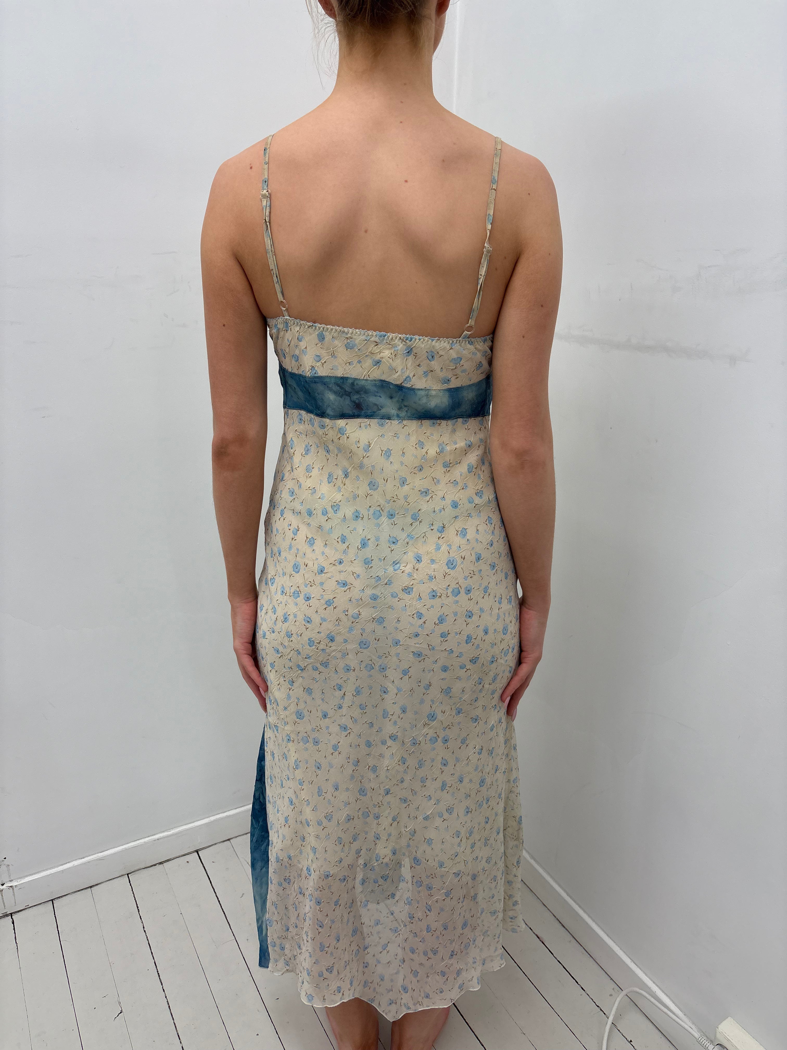 Y2K Blue Floral Midi Dress with Sheer Panel Details