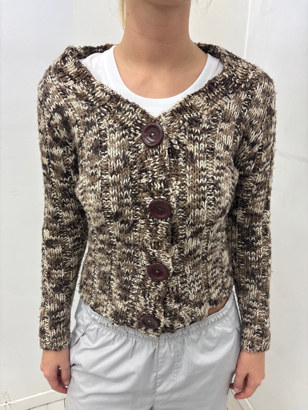 Brown Marled Knit Button-Up Cardigan