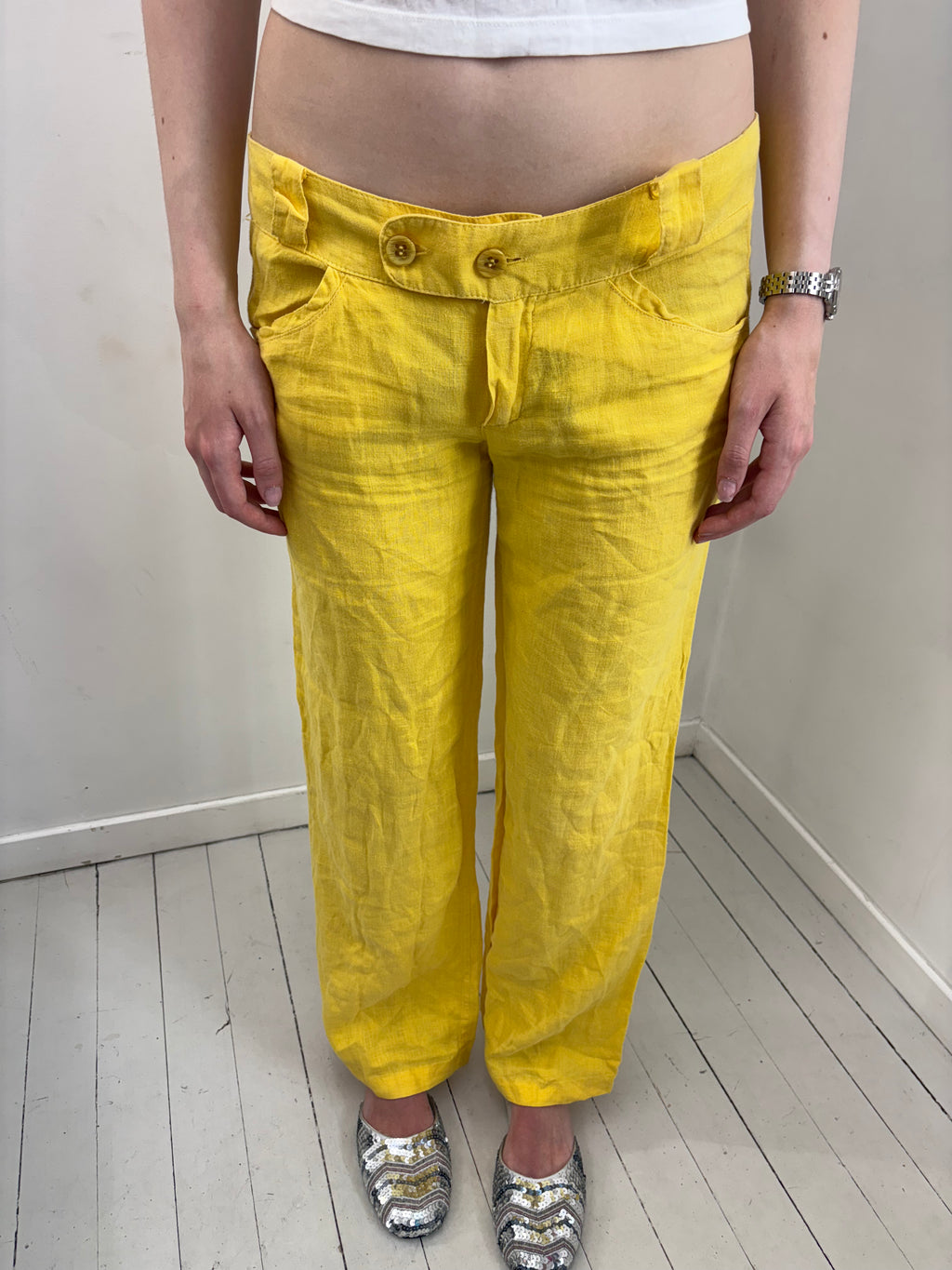 Yellow Linen Wide-Leg Trousers