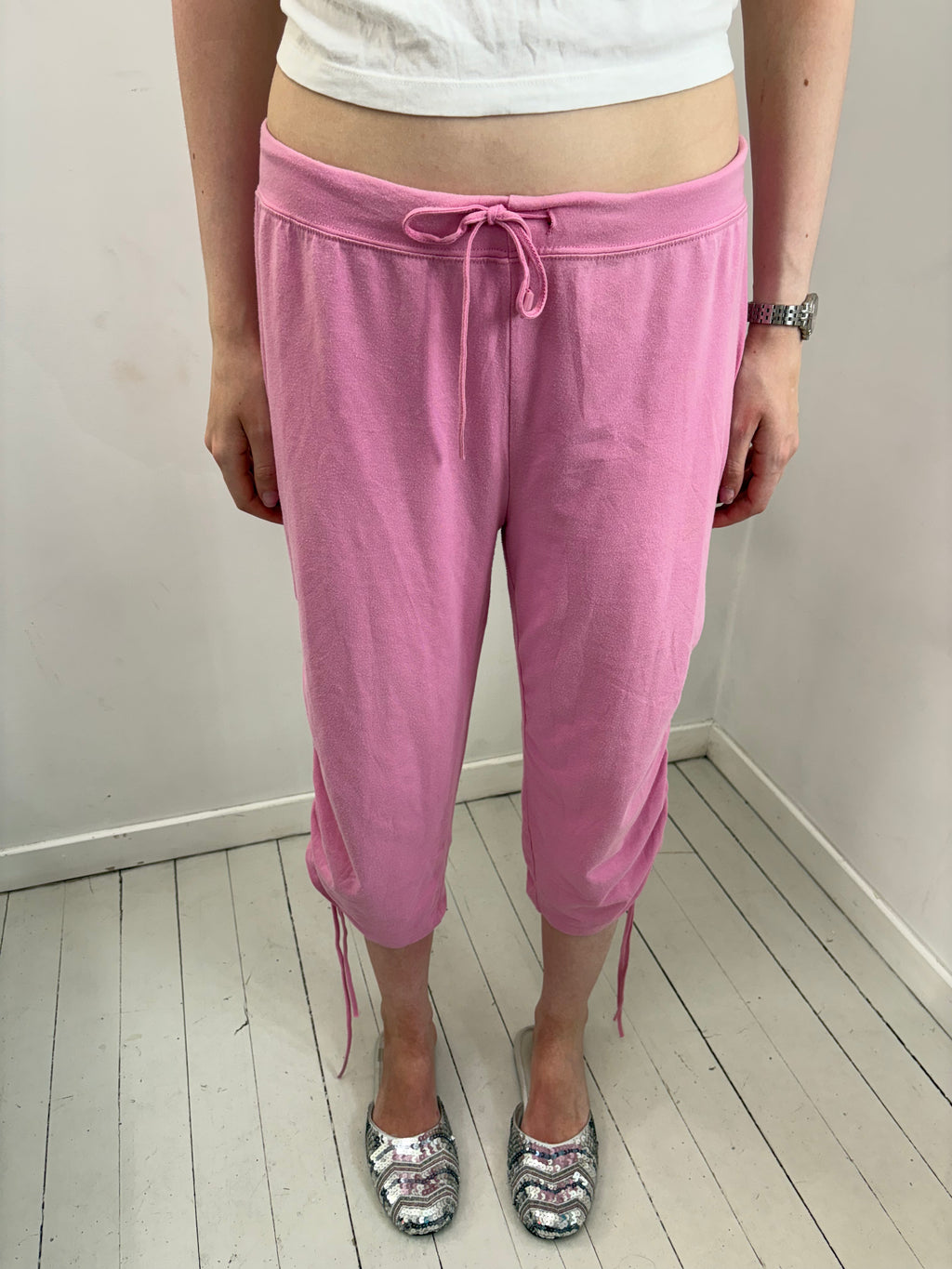 Pink Terry Cloth Drawstring Capri Pants