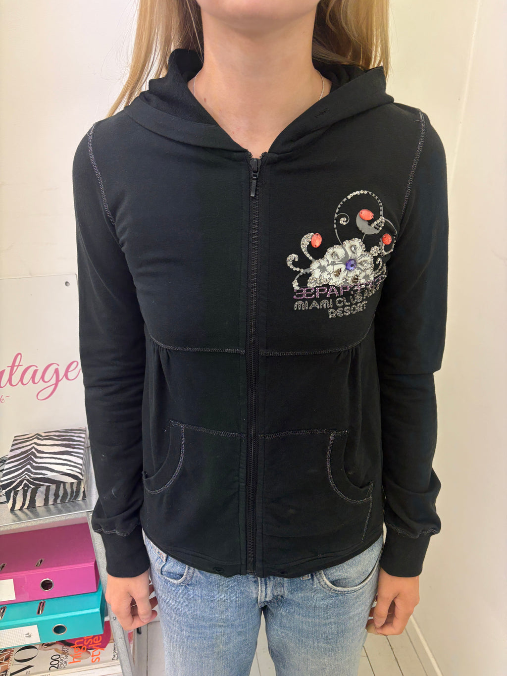 Black Zip Hoodie w/ Rhinestone "Miami Club" Graphic