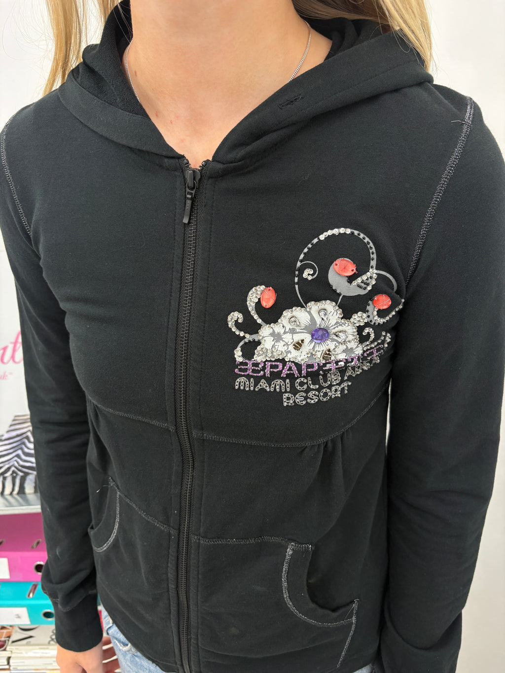 Black Zip Hoodie w/ Rhinestone "Miami Club" Graphic