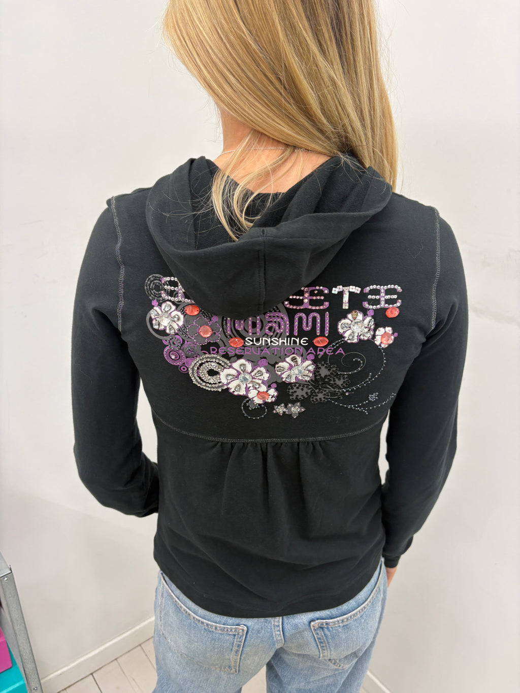 Black Zip Hoodie w/ Rhinestone "Miami Club" Graphic