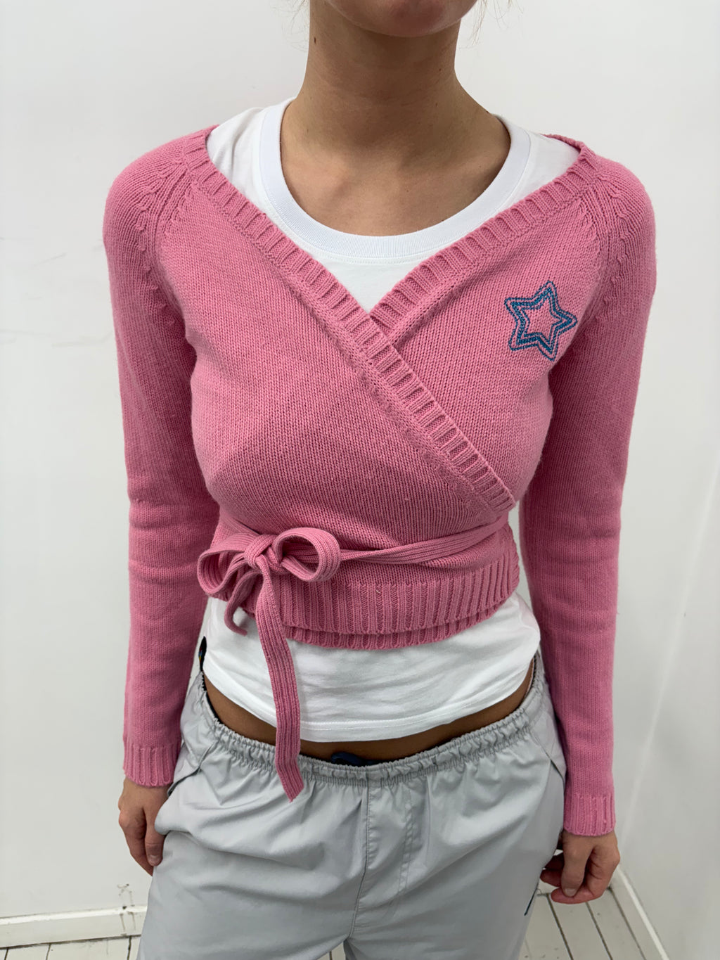 Pink Wrap Knit Cardigan with Star Detail