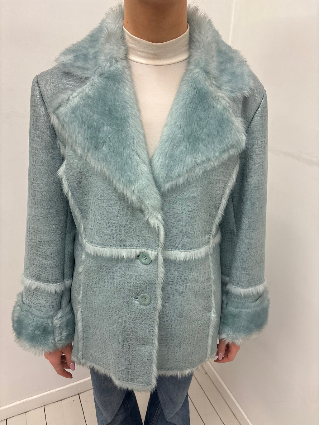 Y2K Ice Blue Afghan Fur Trim Coat