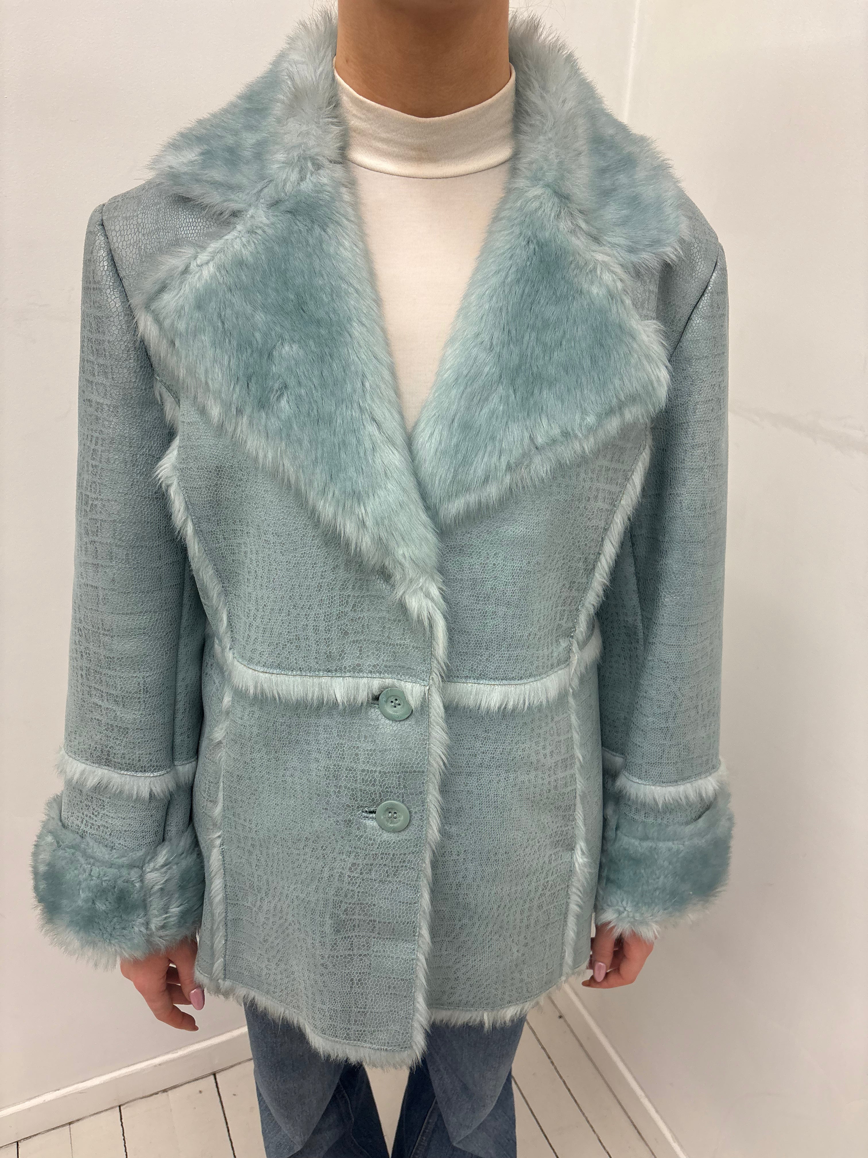 Y2K Ice Blue Afghan Fur Trim Coat