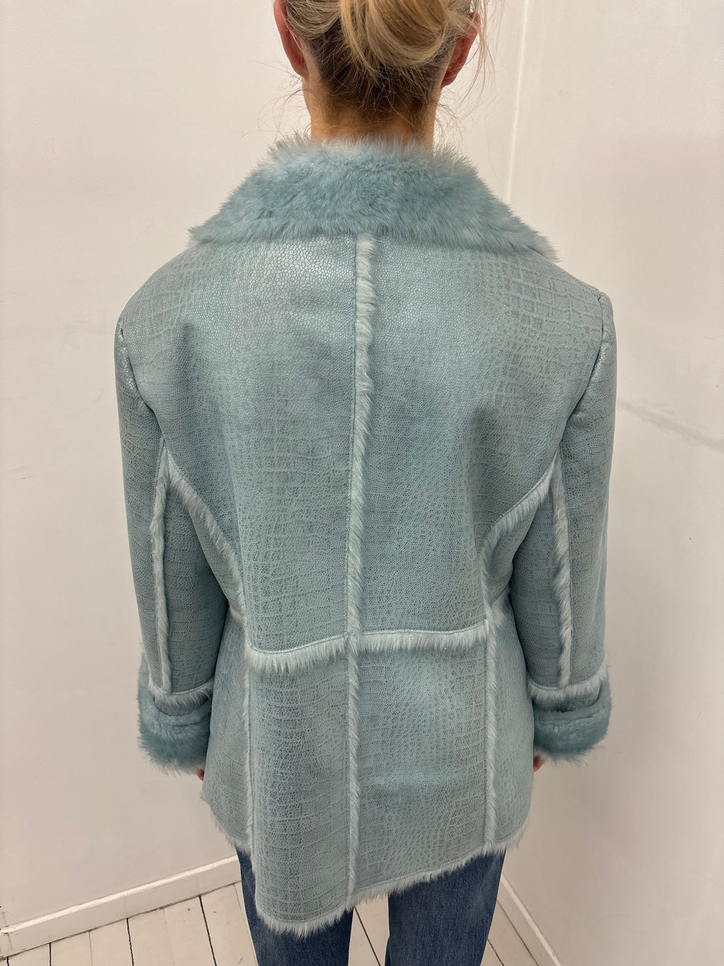 Y2K Ice Blue Afghan Fur Trim Coat