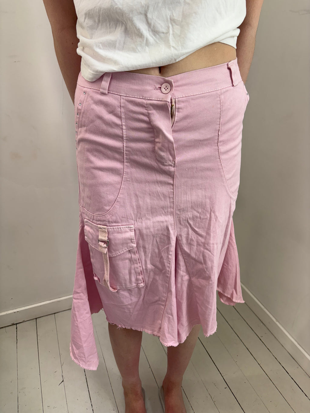 Pink Denim Asymmetric Cargo Midi Skirt