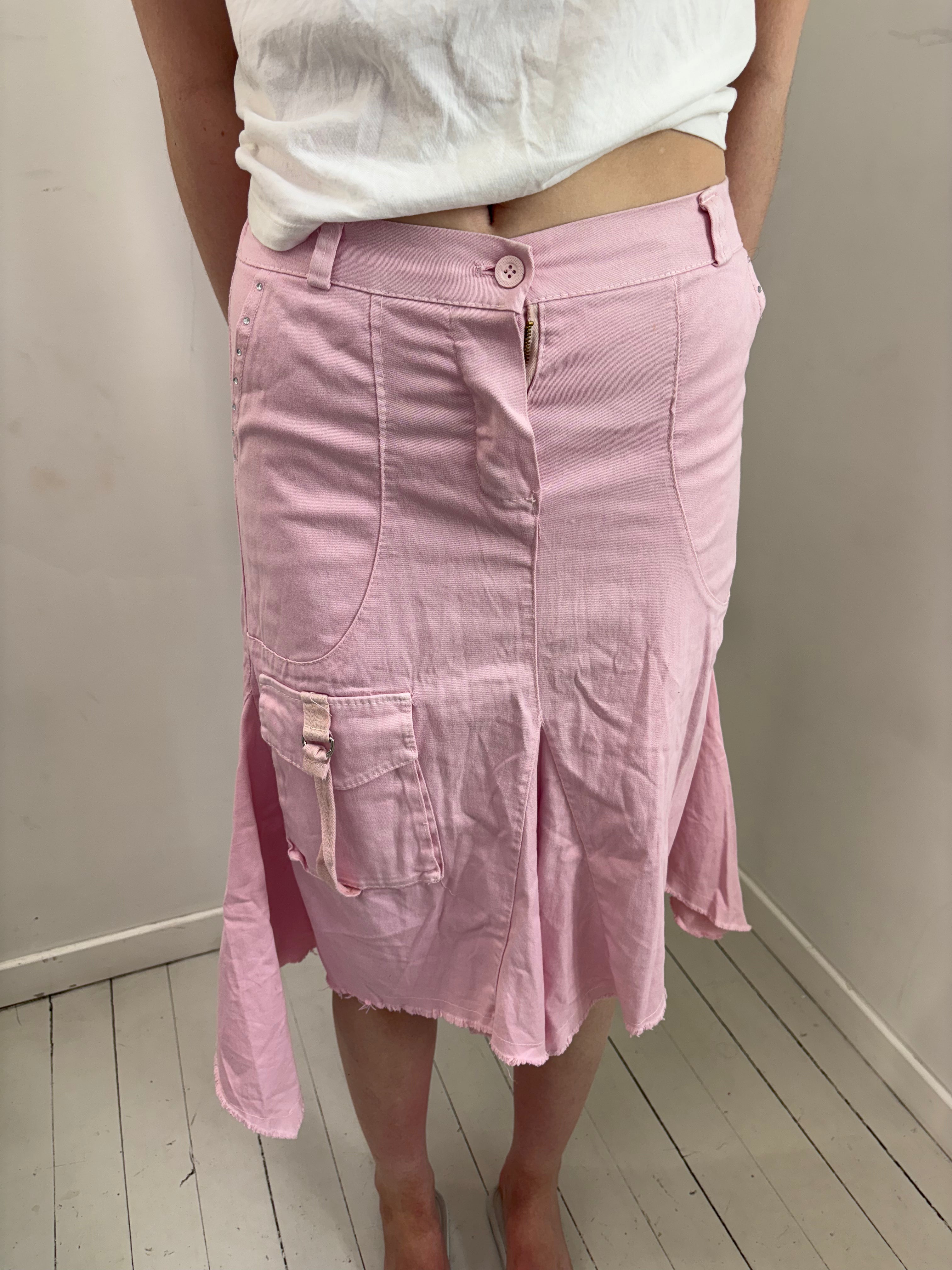 Pink Denim Asymmetric Cargo Midi Skirt
