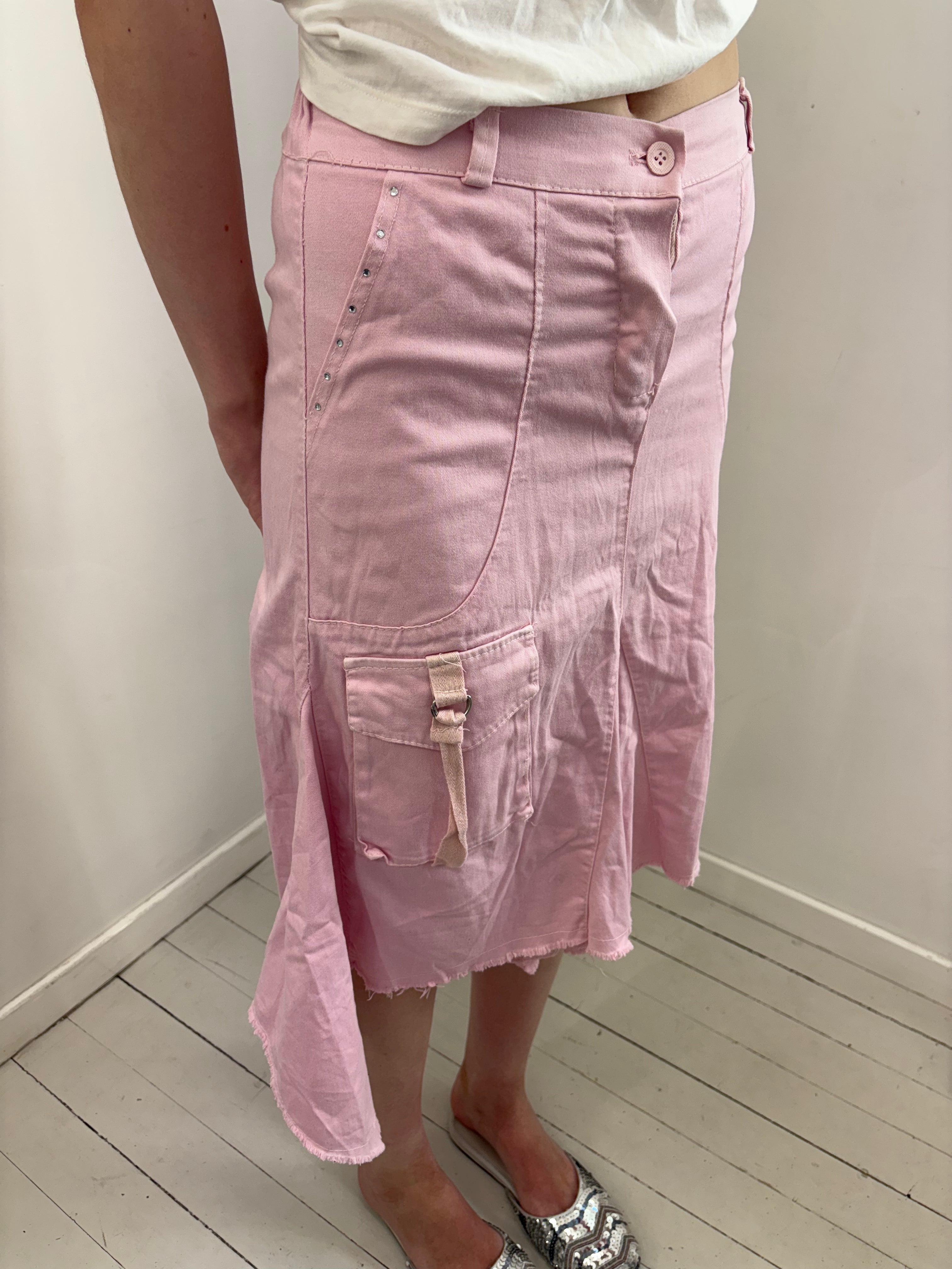 Pink Denim Asymmetric Cargo Midi Skirt