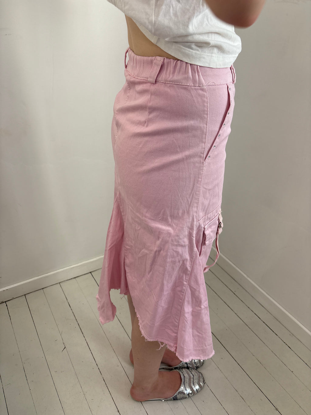 Pink Denim Asymmetric Cargo Midi Skirt