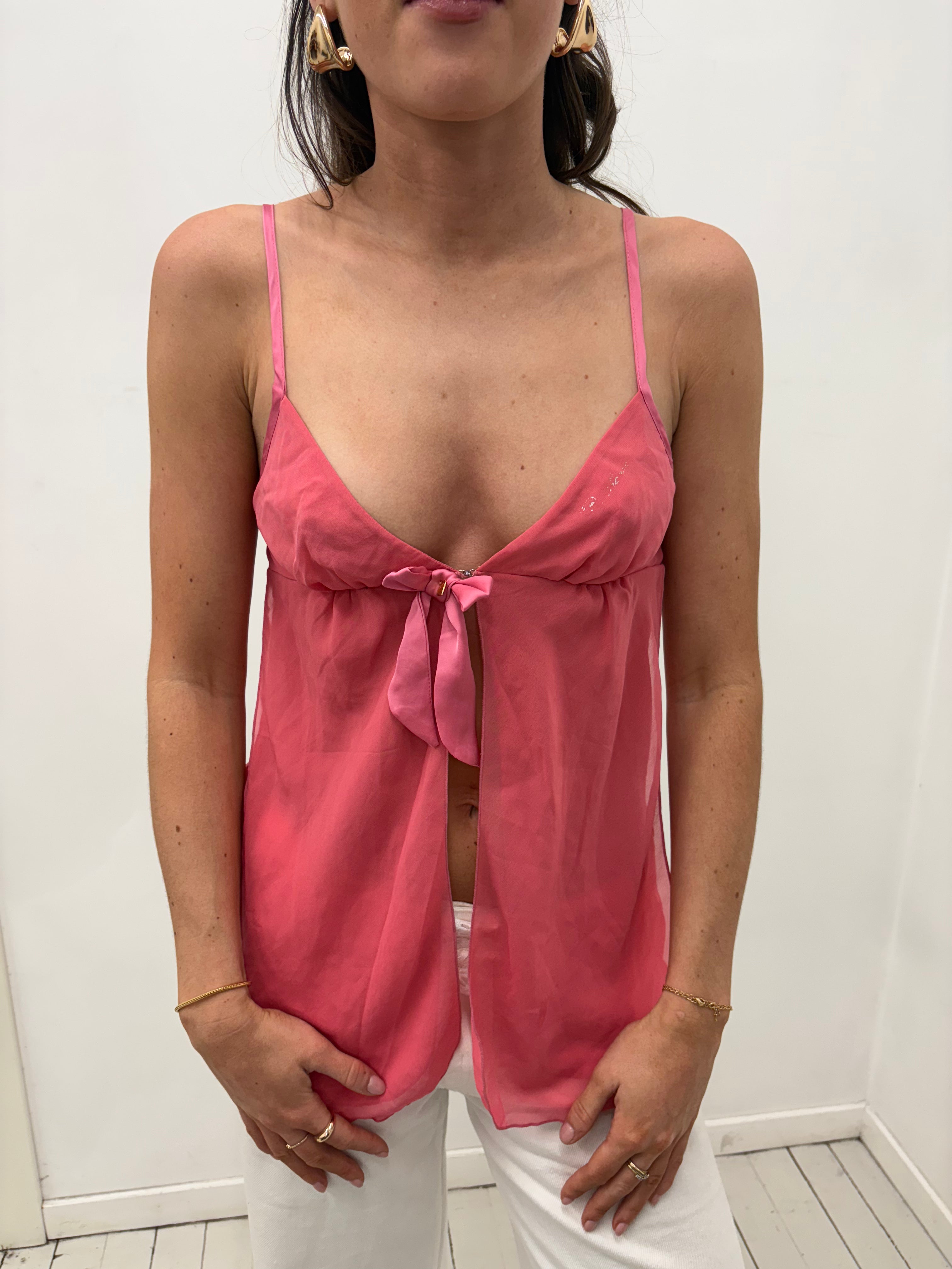 Sheer Pink Y2K Tie-Front Camisole Top