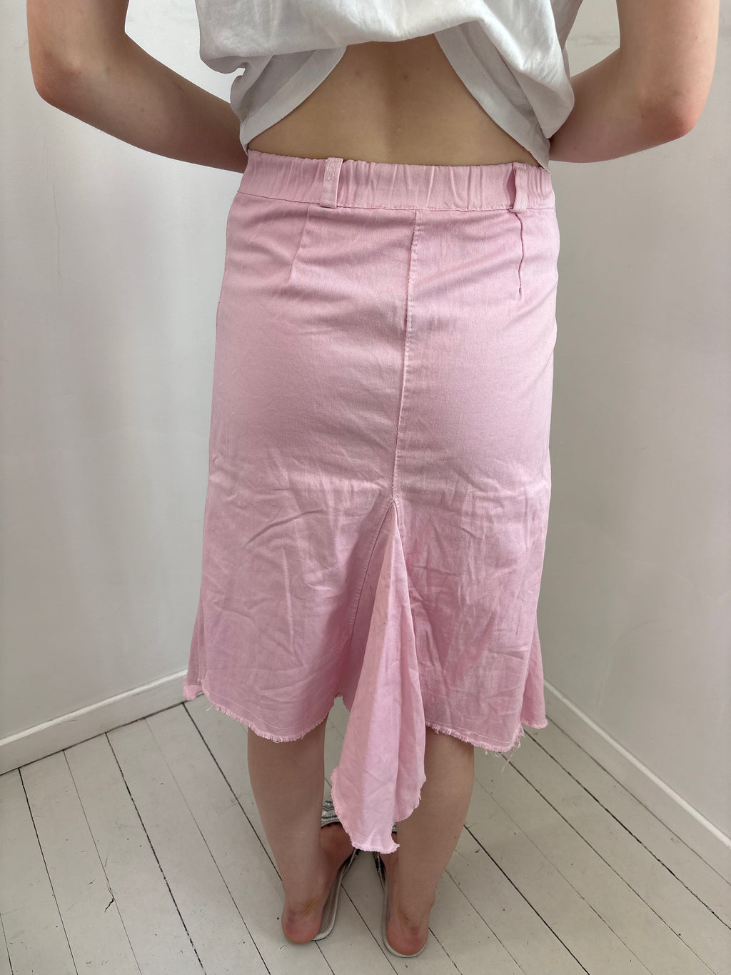 Pink Denim Asymmetric Cargo Midi Skirt