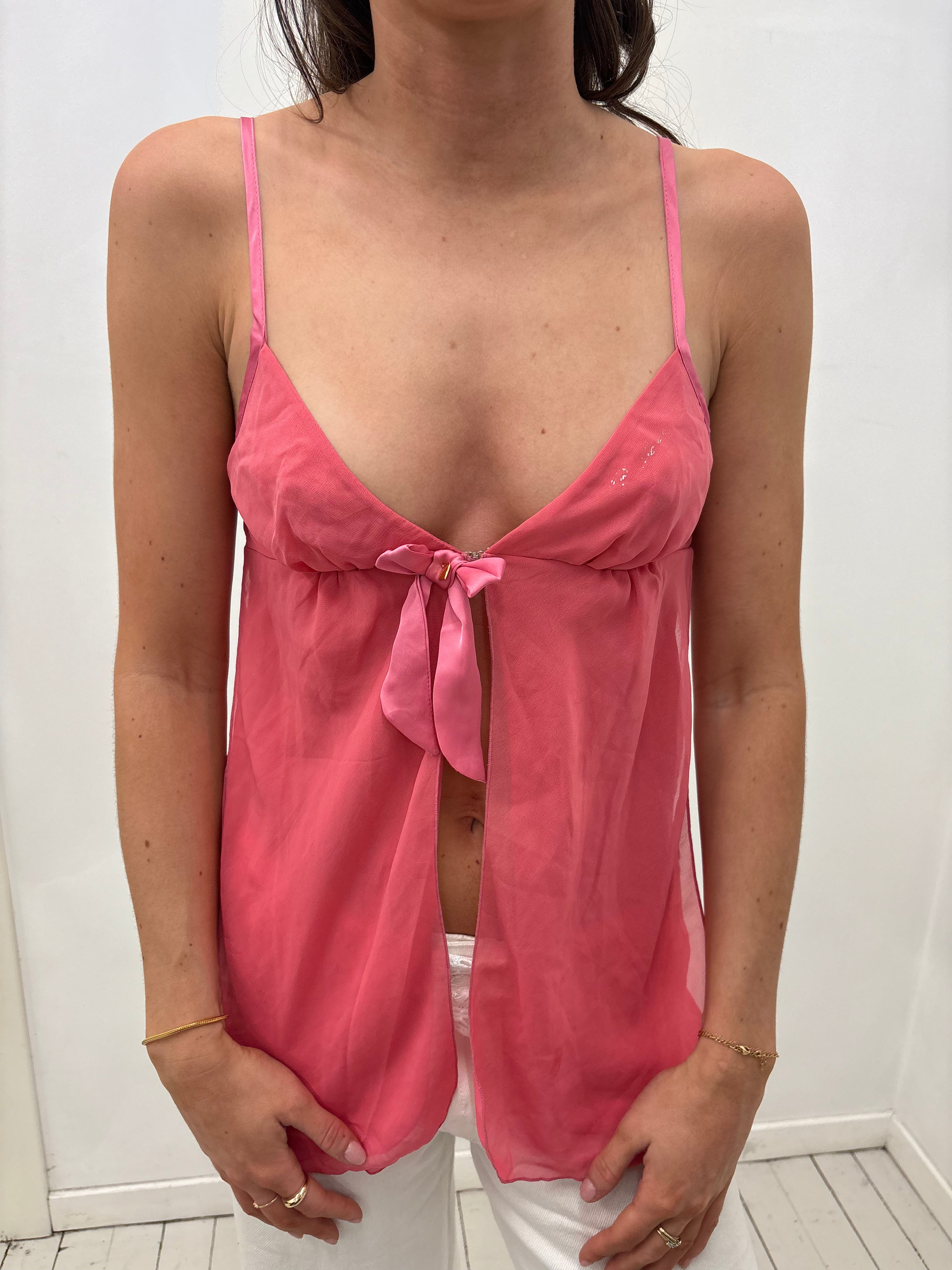 Sheer Pink Y2K Tie-Front Camisole Top